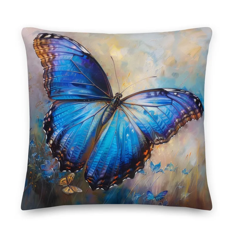 Blue Morpho Butterfly Throw Pillow: Linen-Feel Nature Art Cushion