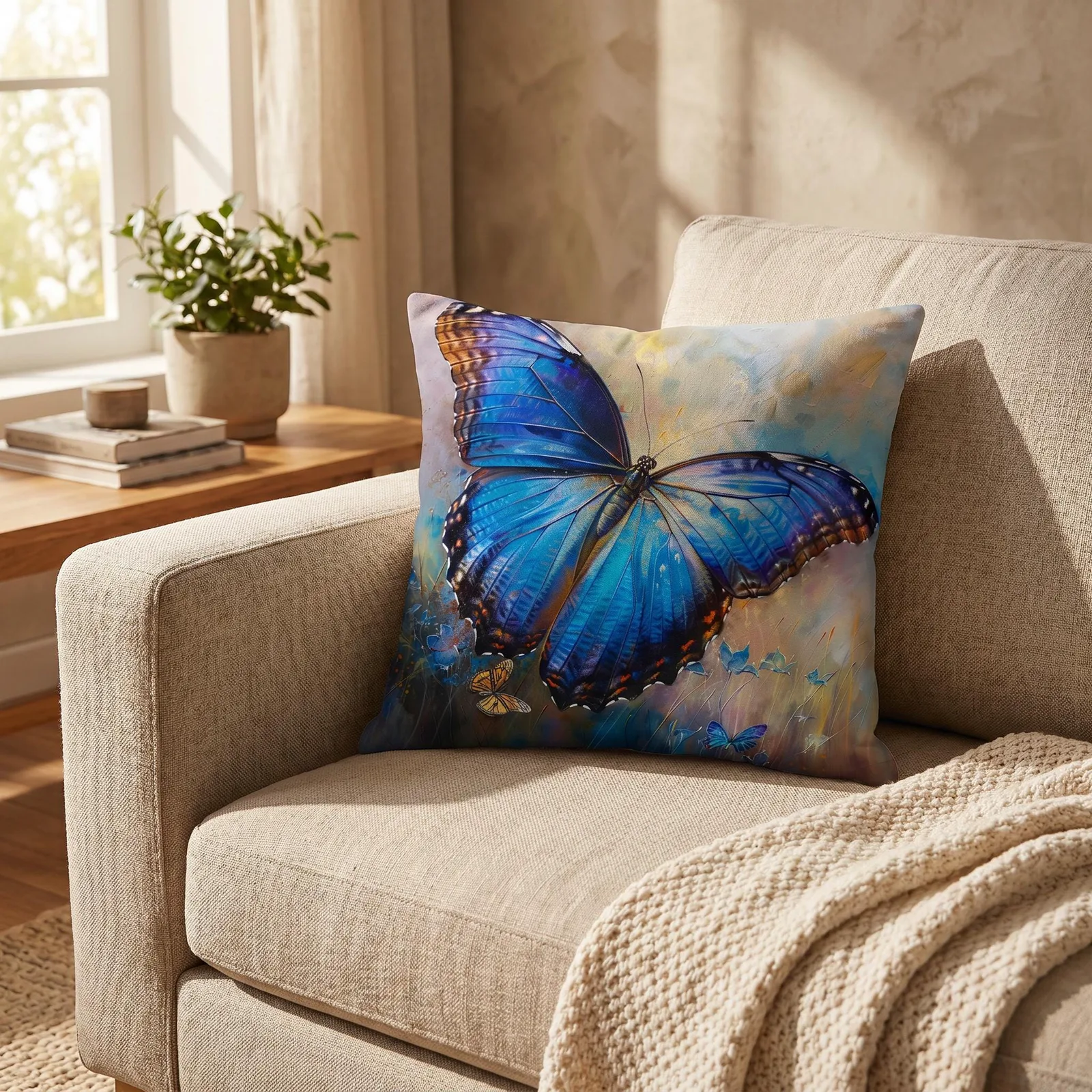 Blue Morpho Butterfly Throw Pillow: Linen-Feel Nature Art Cushion, photo 2
