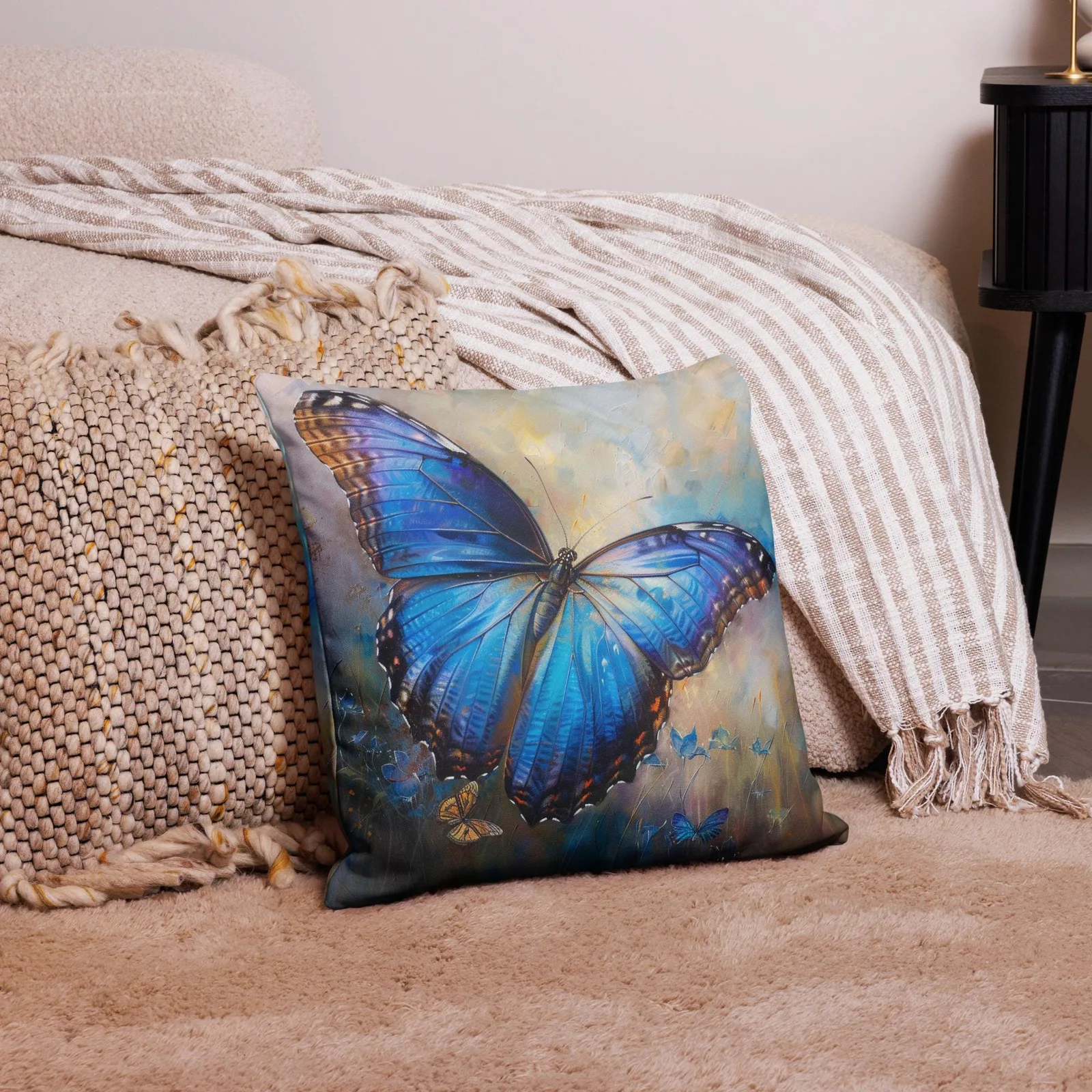 Blue Morpho Butterfly Throw Pillow: Linen-Feel Nature Art Cushion, photo 6
