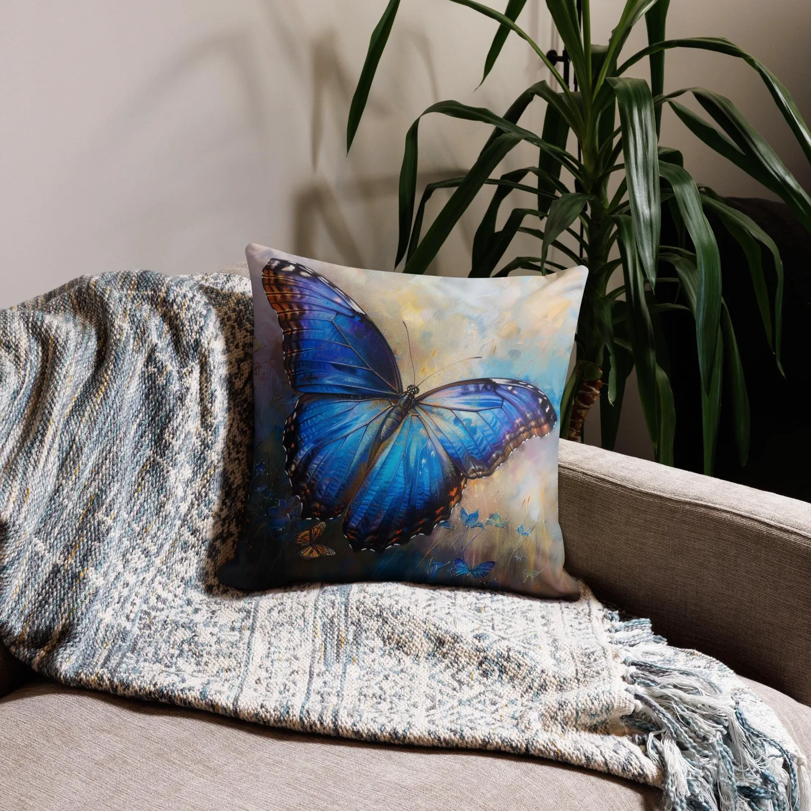 Blue Morpho Butterfly Throw Pillow: Linen-Feel Nature Art Cushion, photo 4