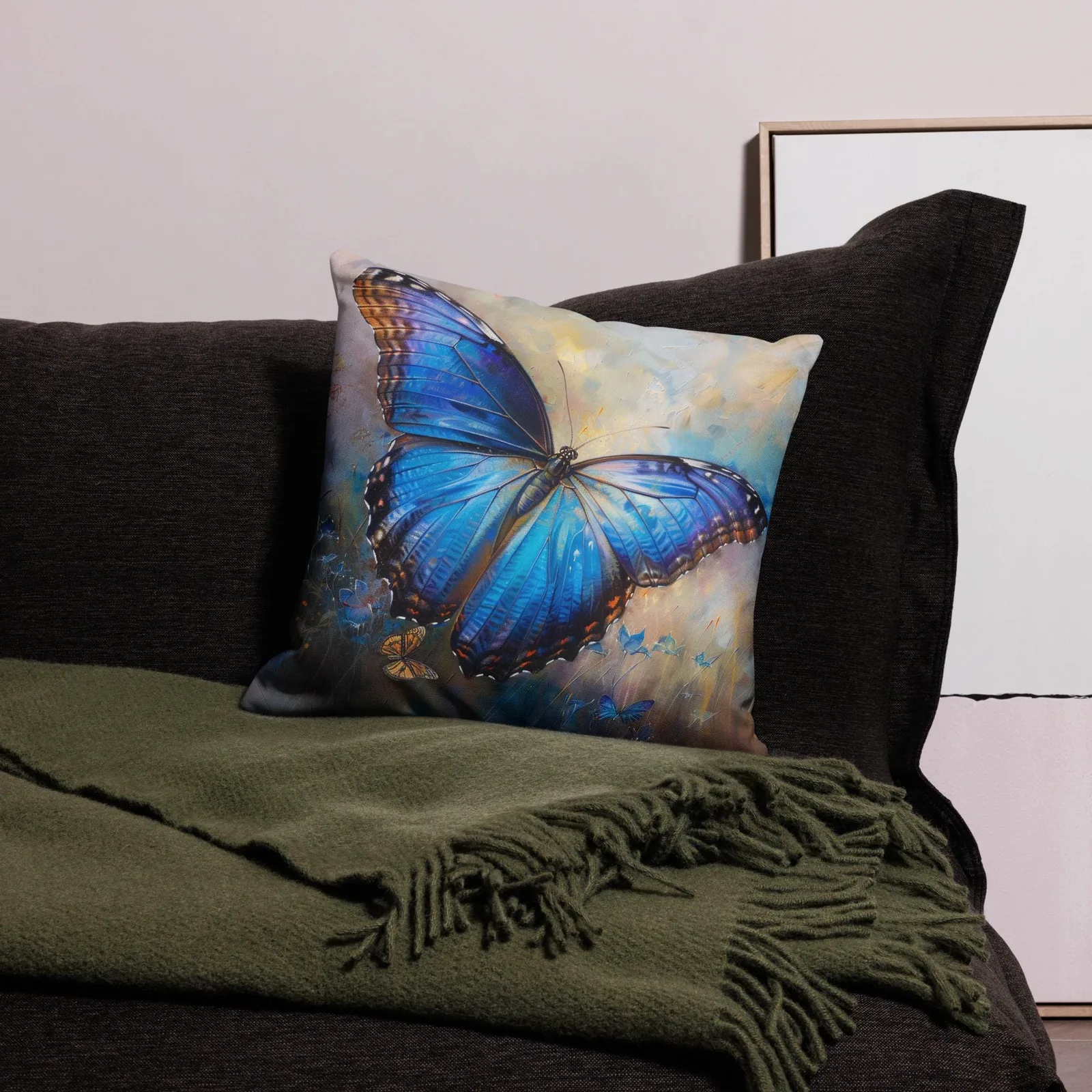 Blue Morpho Butterfly Throw Pillow: Linen-Feel Nature Art Cushion, photo 3