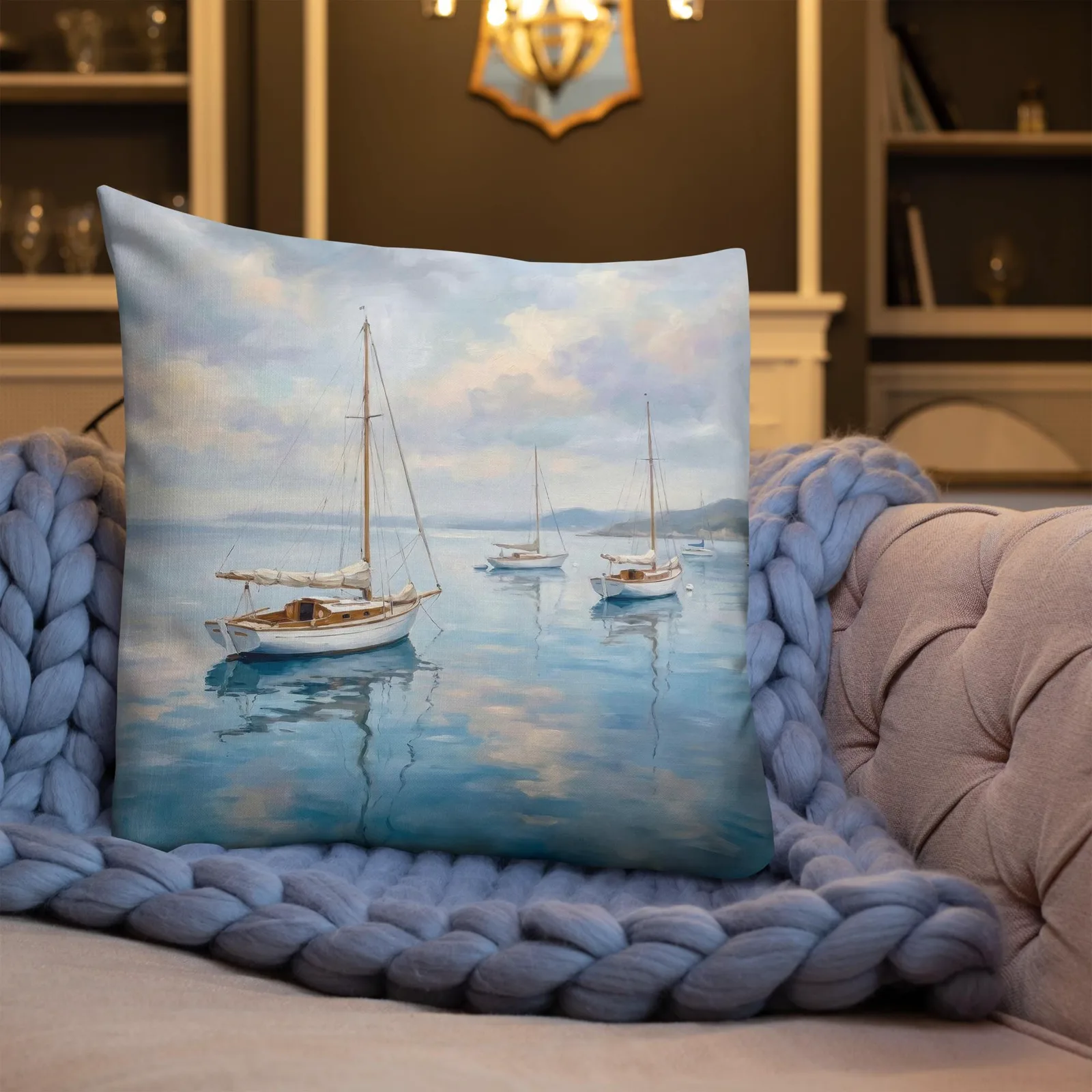 Calm Sailboat Throw Pillow: Blue Coastal Ocean Decor Cushion, photo 10