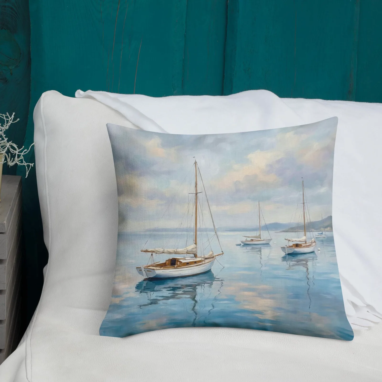 Calm Sailboat Throw Pillow: Blue Coastal Ocean Decor Cushion, photo 8