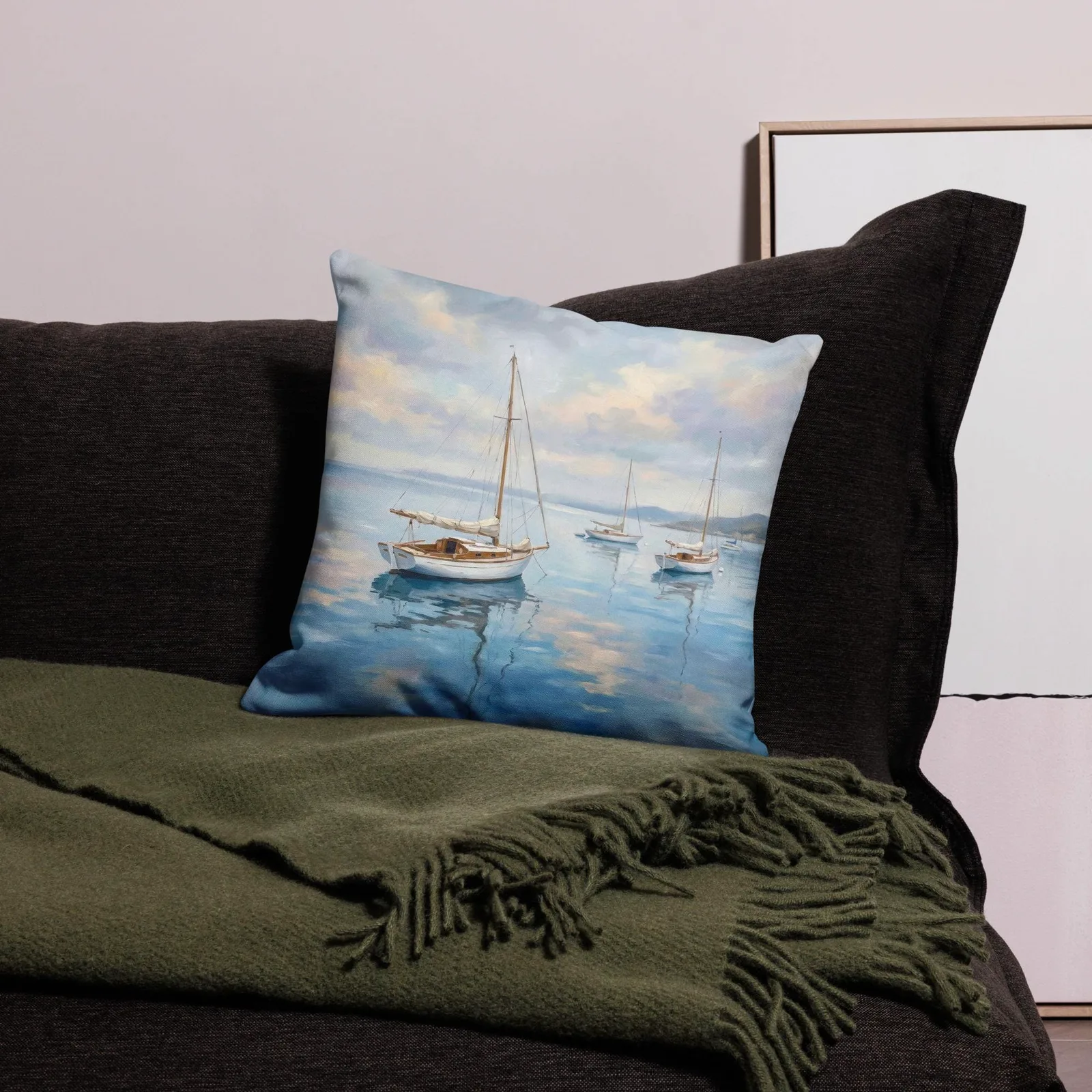 Calm Sailboat Throw Pillow: Blue Coastal Ocean Decor Cushion, photo 6