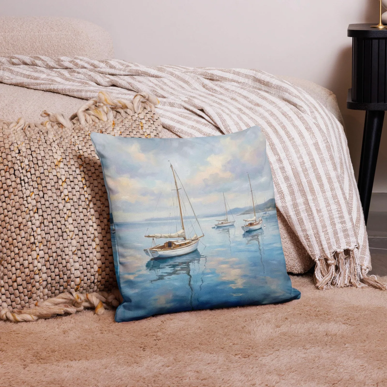 Calm Sailboat Throw Pillow: Blue Coastal Ocean Decor Cushion, photo 4
