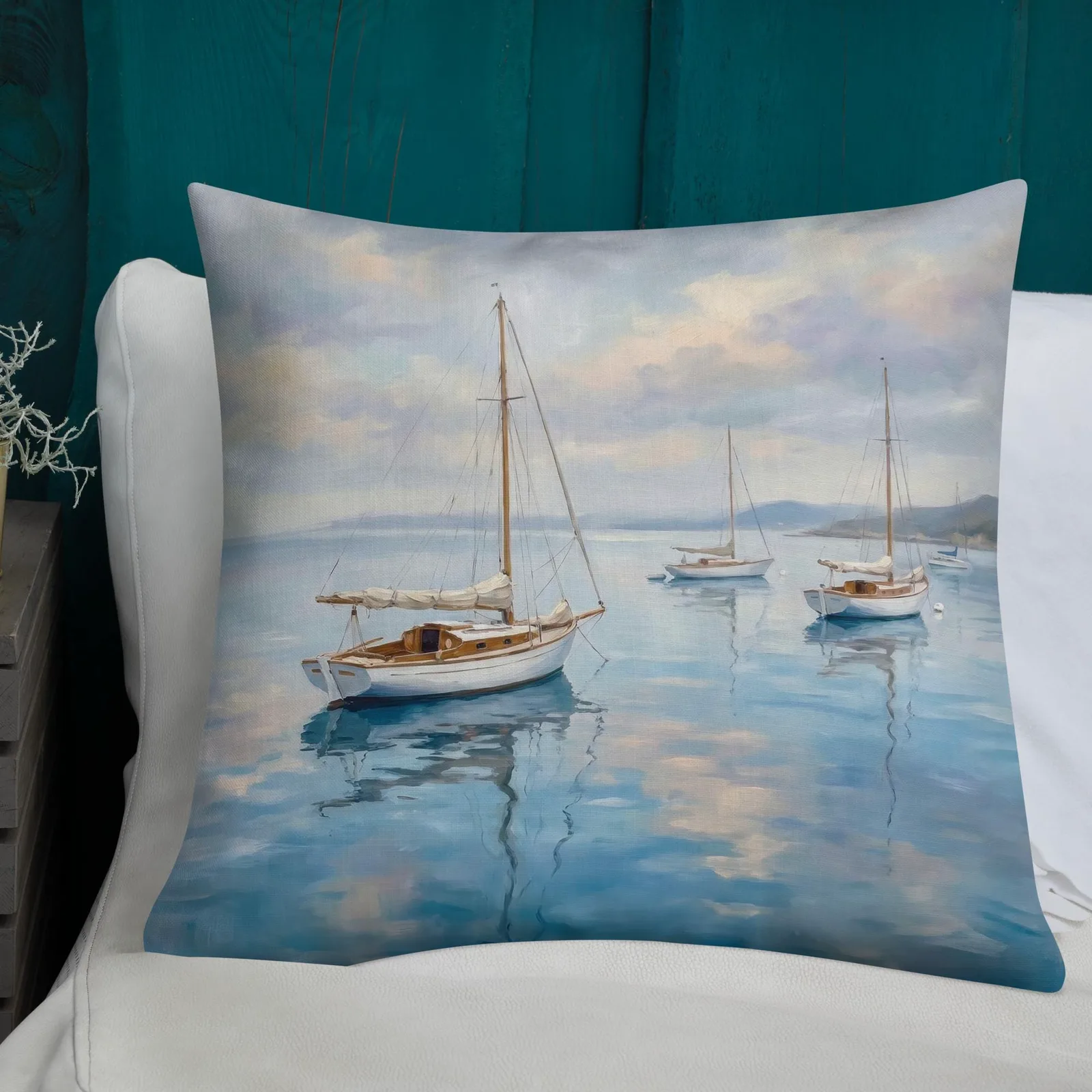 Calm Sailboat Throw Pillow: Blue Coastal Ocean Decor Cushion, photo 9