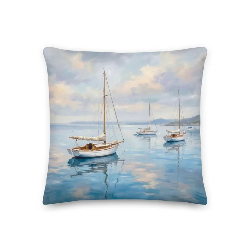 Calm Sailboat Throw Pillow: Blue Coastal Ocean Decor Cushion
