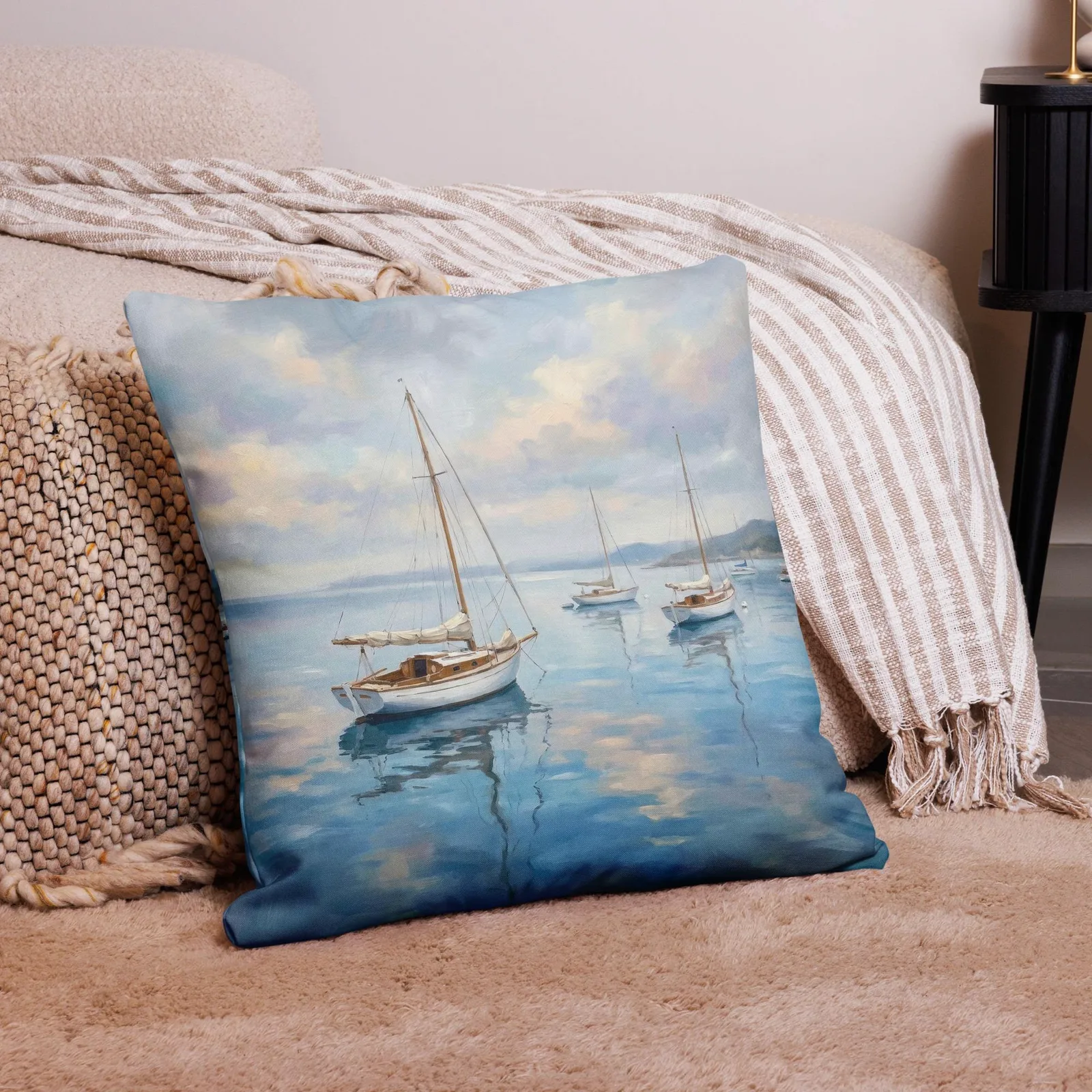 Calm Sailboat Throw Pillow: Blue Coastal Ocean Decor Cushion, photo 5
