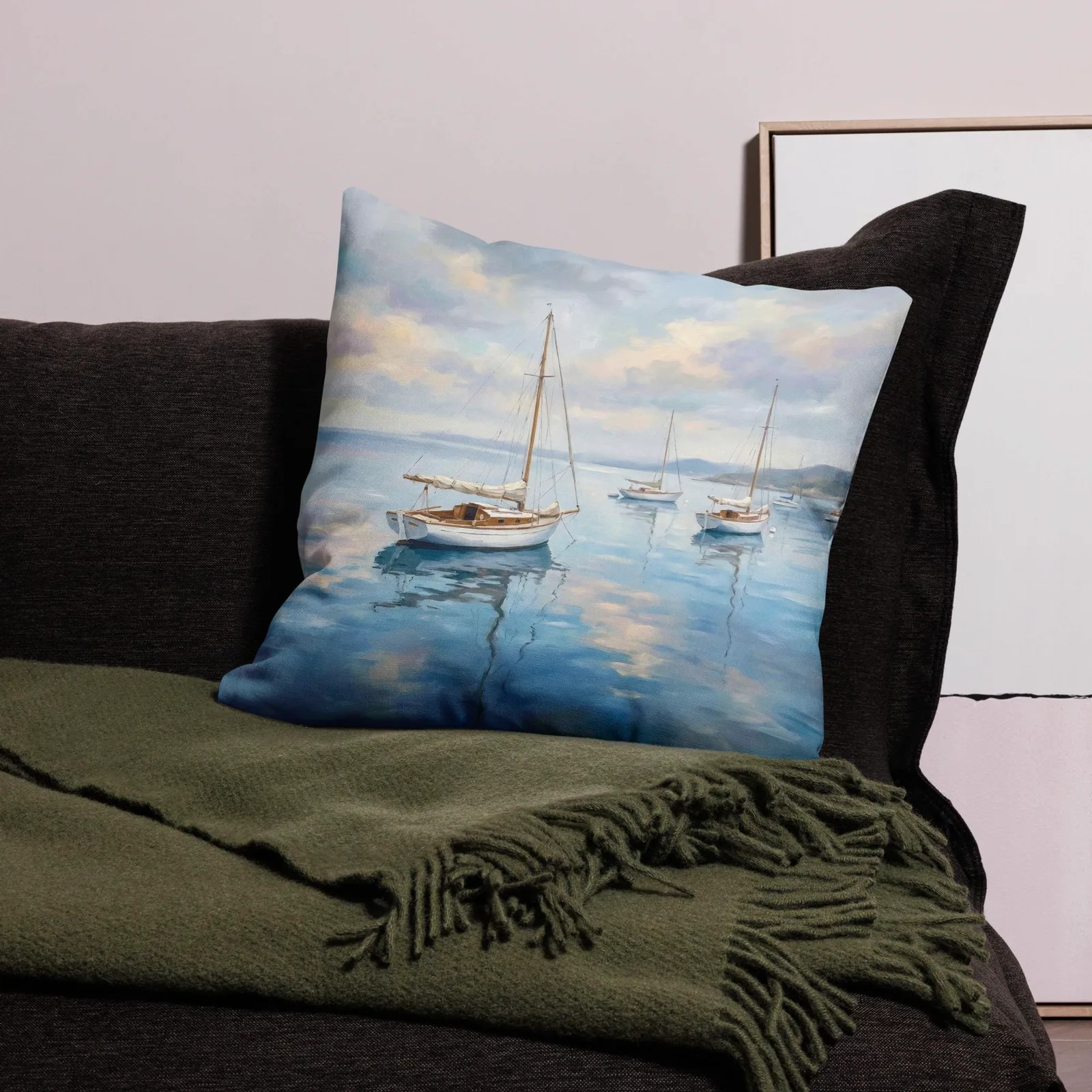 Calm Sailboat Throw Pillow: Blue Coastal Ocean Decor Cushion, photo 7