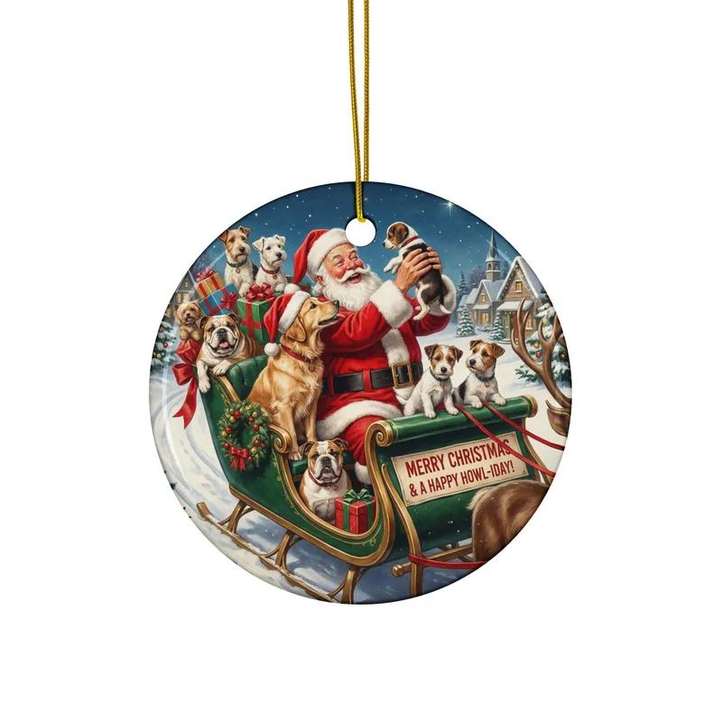Ceramic Christmas Ornament – Santa’s Little Dog Helpers (Circle or Snowflake)