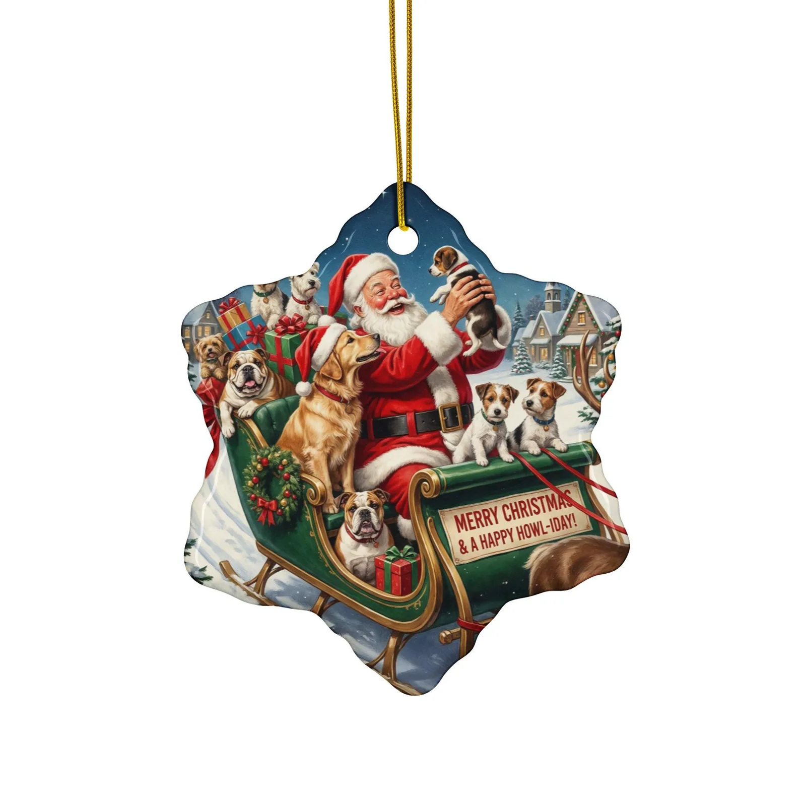 Ceramic Christmas Ornament – Santa’s Little Dog Helpers (Circle or Snowflake), photo 2