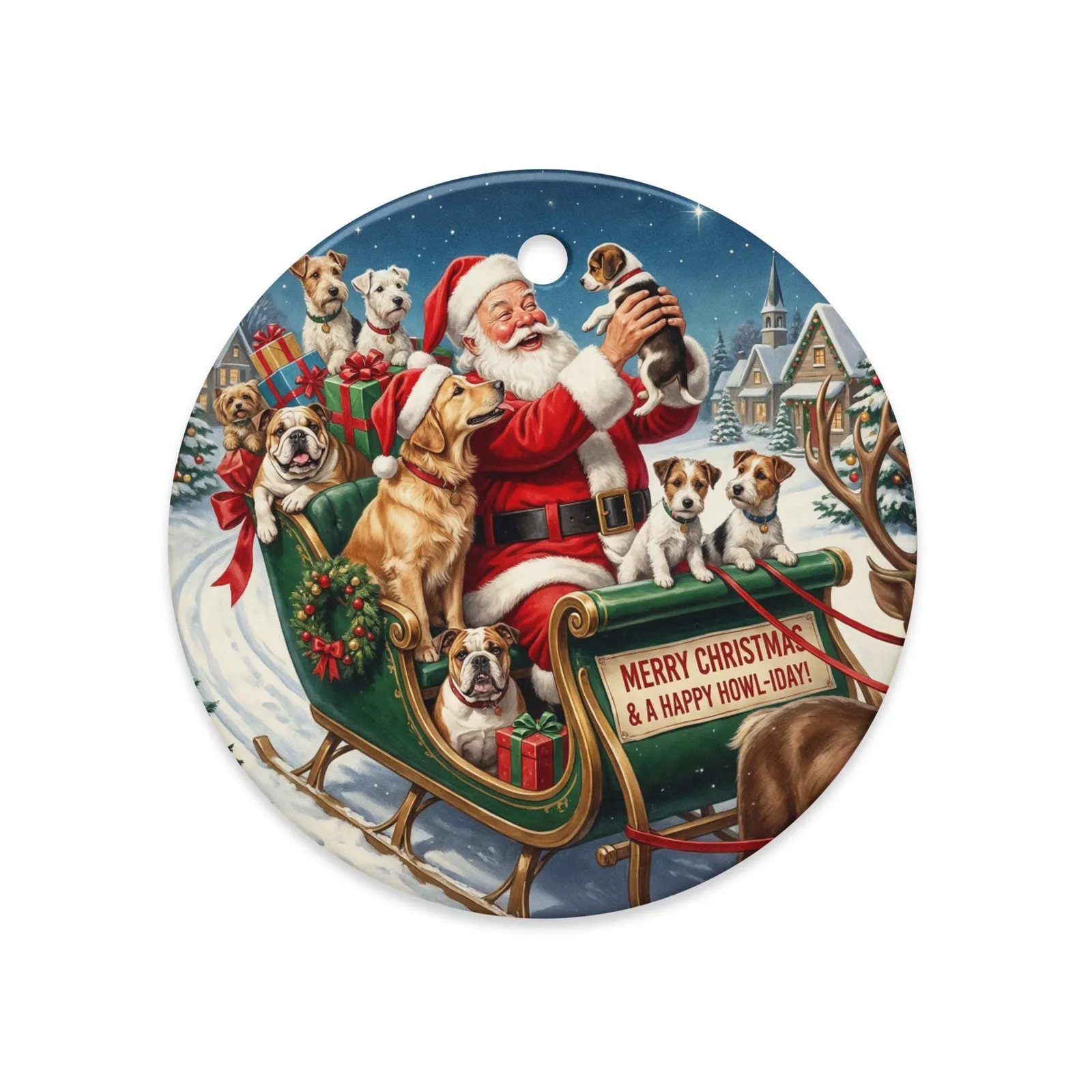 Ceramic Christmas Ornament – Santa’s Little Dog Helpers (Circle or Snowflake), photo 3