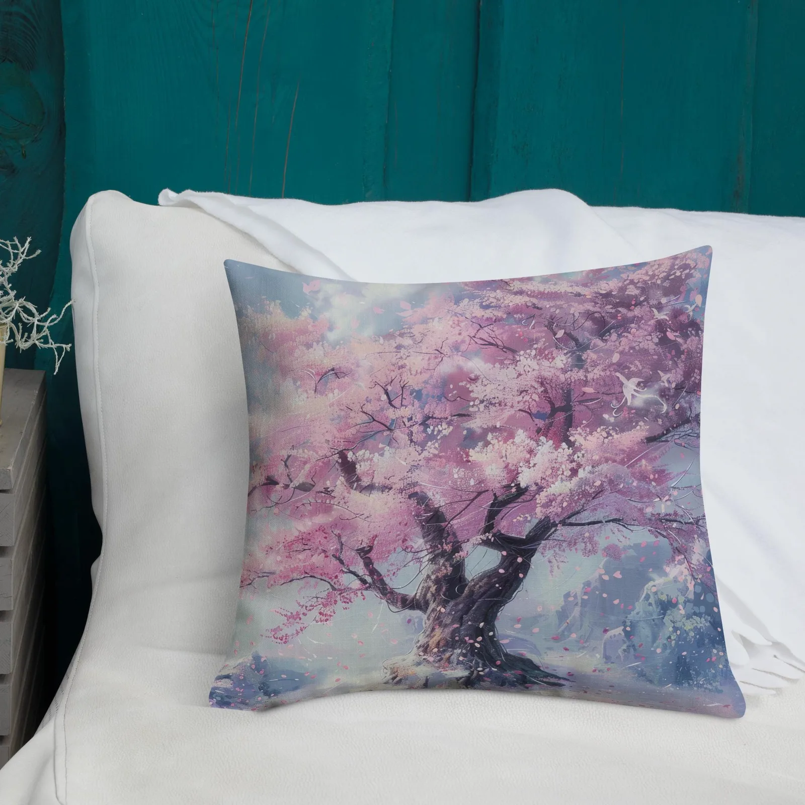 Cherry Blossom Throw Pillow: Pastel Sakura Linen-Feel Cushion, photo 9