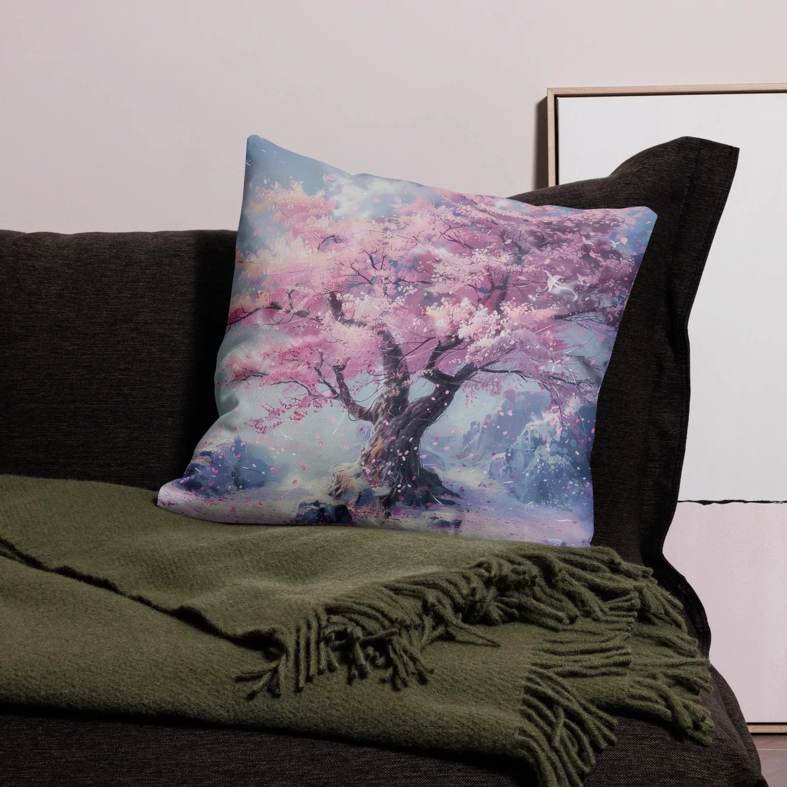 Cherry Blossom Throw Pillow: Pastel Sakura Linen-Feel Cushion, photo 3