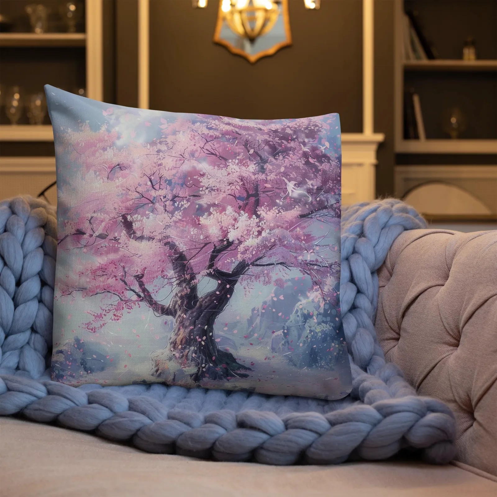 Cherry Blossom Throw Pillow: Pastel Sakura Linen-Feel Cushion