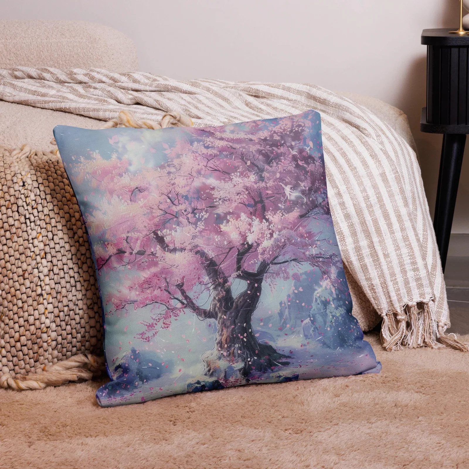 Cherry Blossom Throw Pillow: Pastel Sakura Linen-Feel Cushion, photo 6