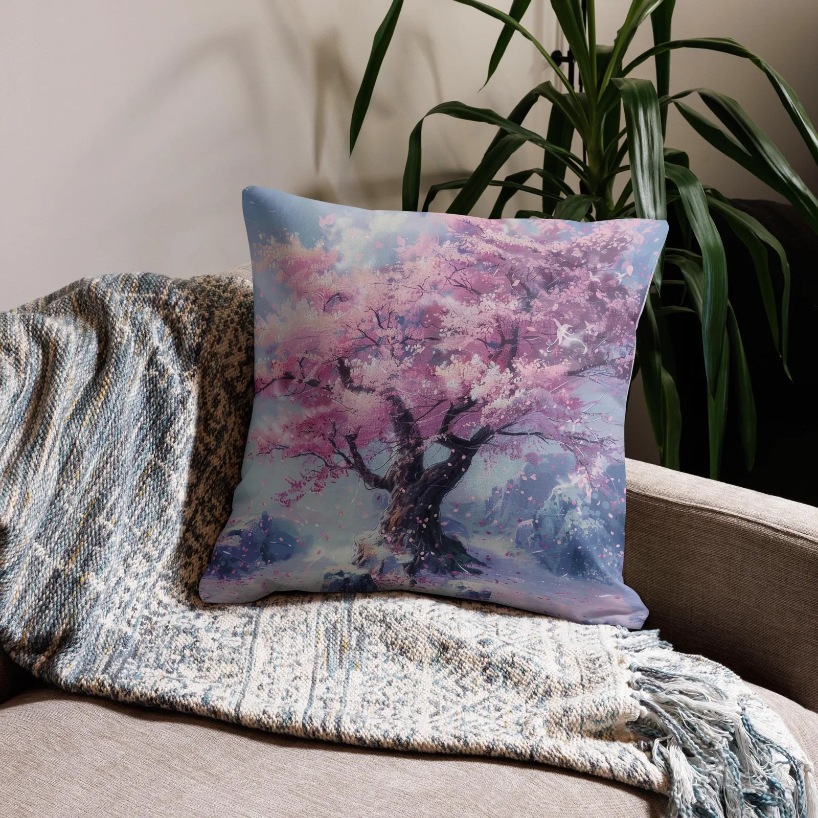Cherry Blossom Throw Pillow: Pastel Sakura Linen-Feel Cushion, photo 4
