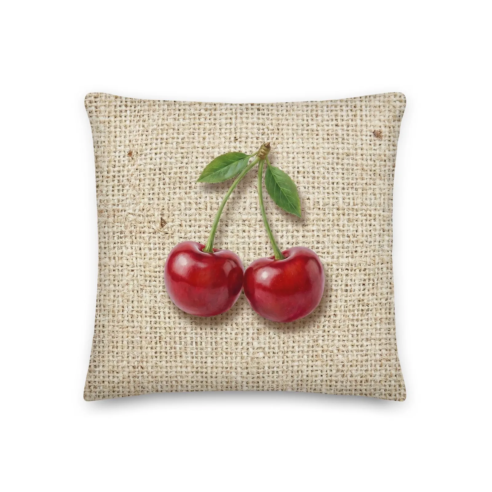 Cherry Throw Pillow: Farmhouse Burlap Fruit Decor Cushion, photo 2