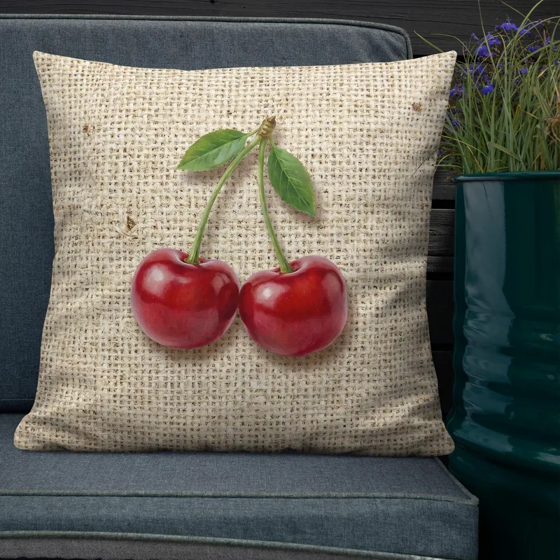 Cherry Throw Pillow: Farmhouse Burlap Fruit Decor Cushion