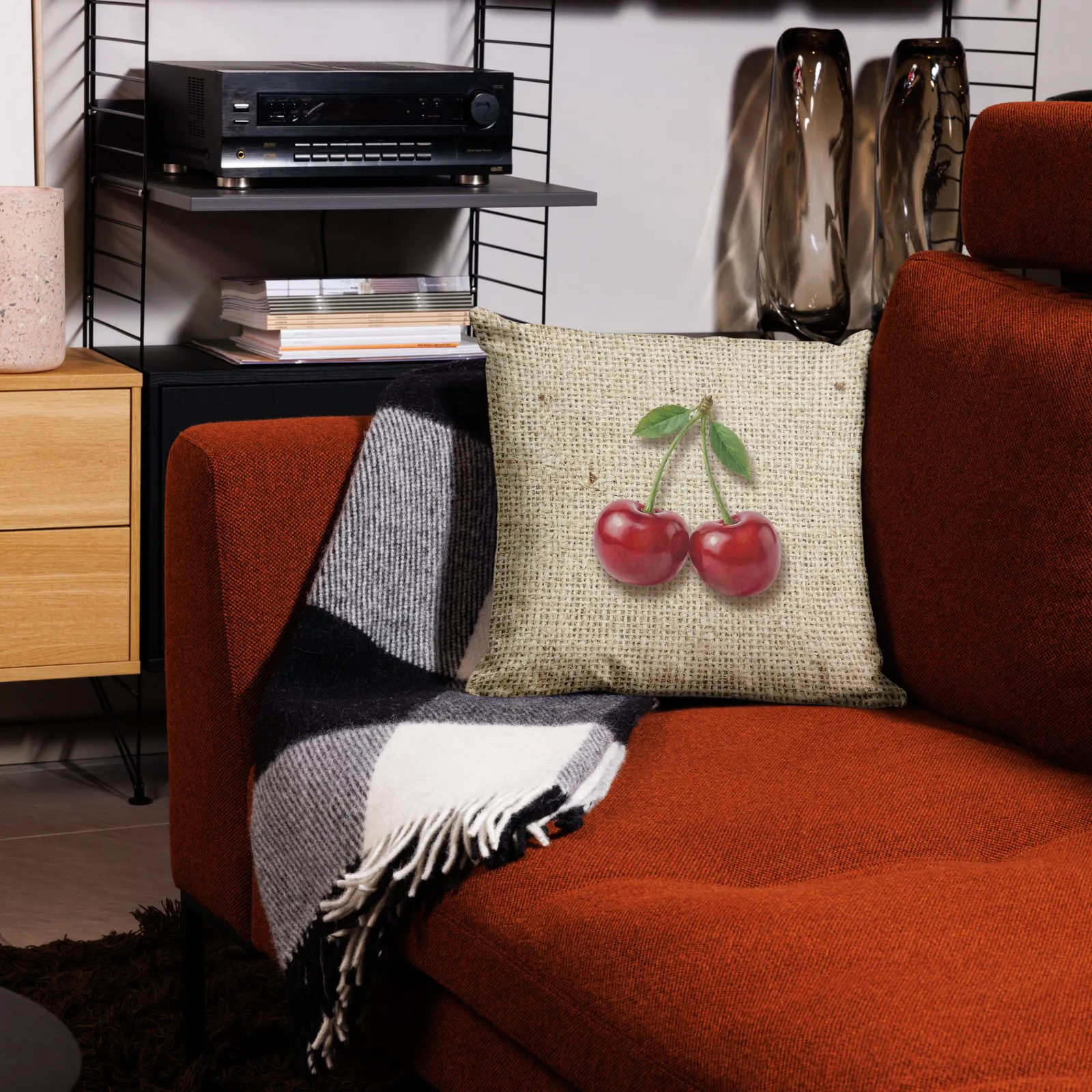 Cherry Throw Pillow: Farmhouse Burlap Fruit Decor Cushion, photo 8
