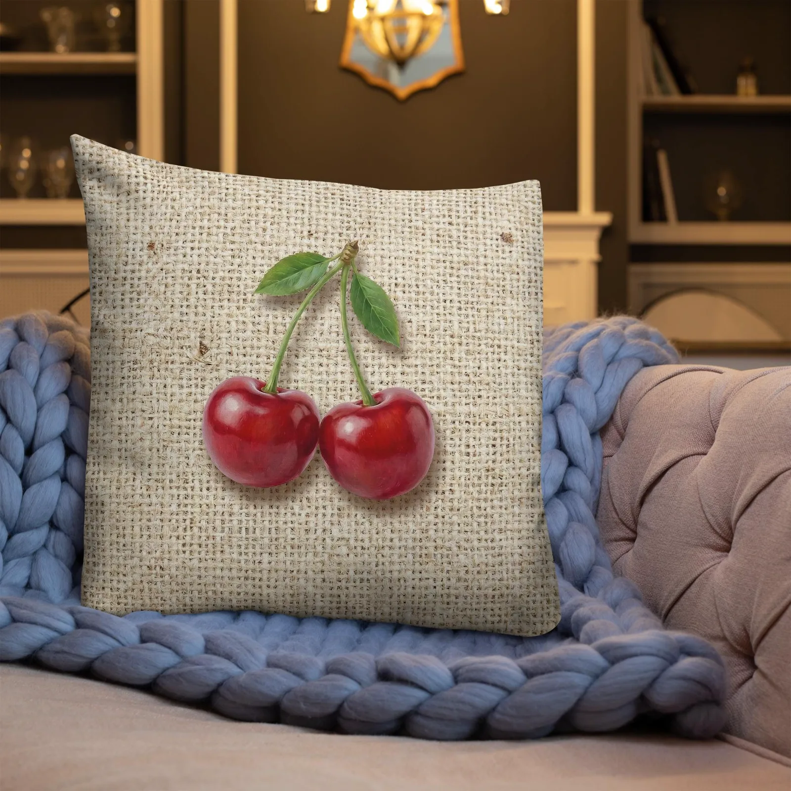Cherry Throw Pillow: Farmhouse Burlap Fruit Decor Cushion, photo 5