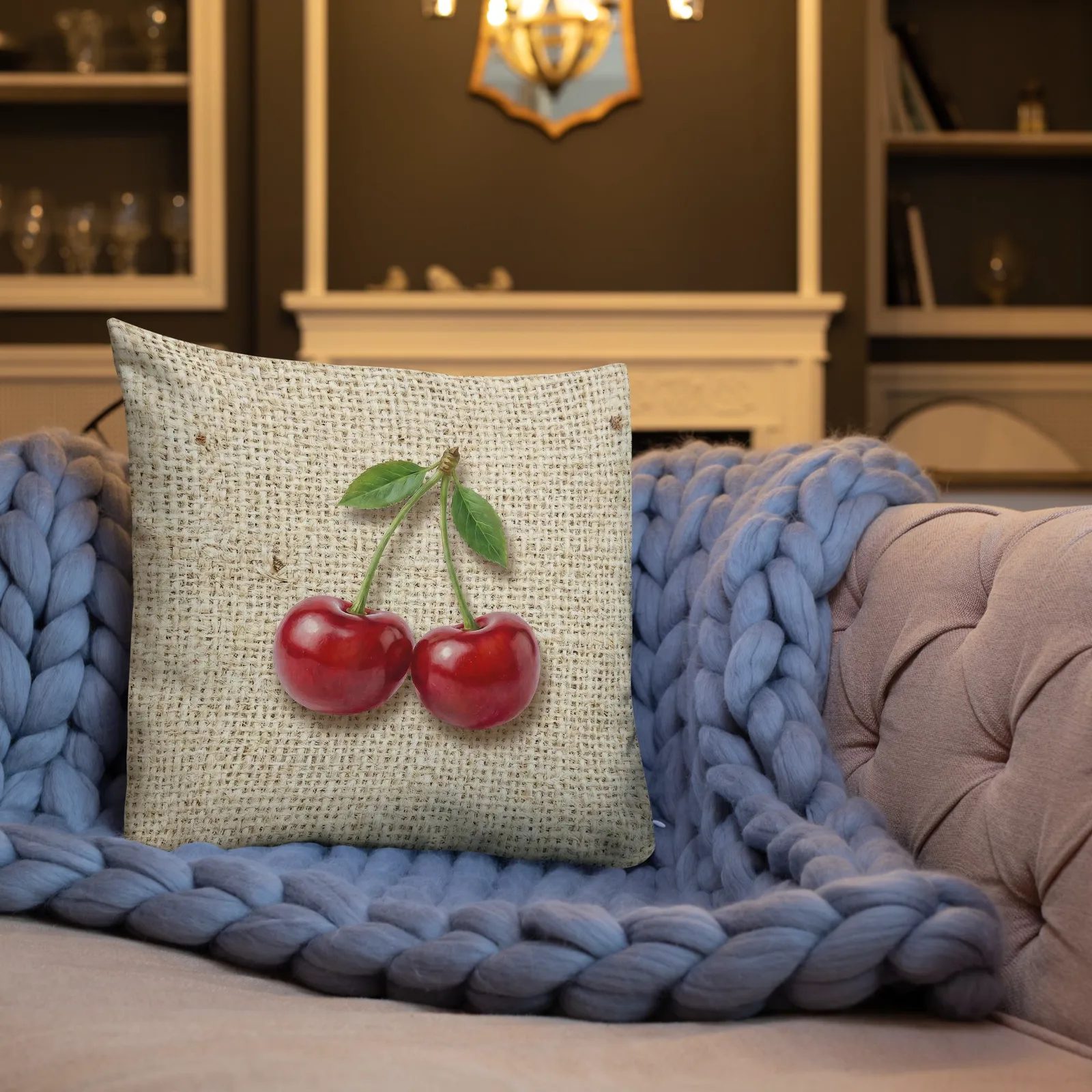 Cherry Throw Pillow: Farmhouse Burlap Fruit Decor Cushion, photo 4