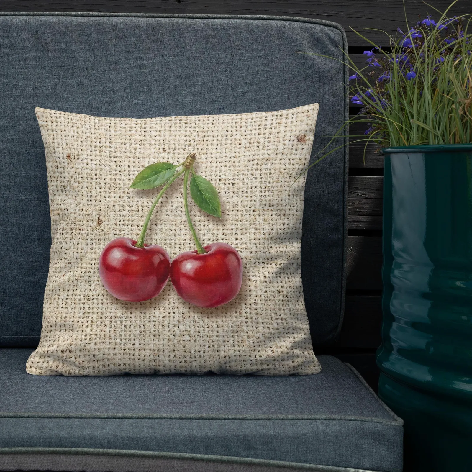Cherry Throw Pillow: Farmhouse Burlap Fruit Decor Cushion, photo 3