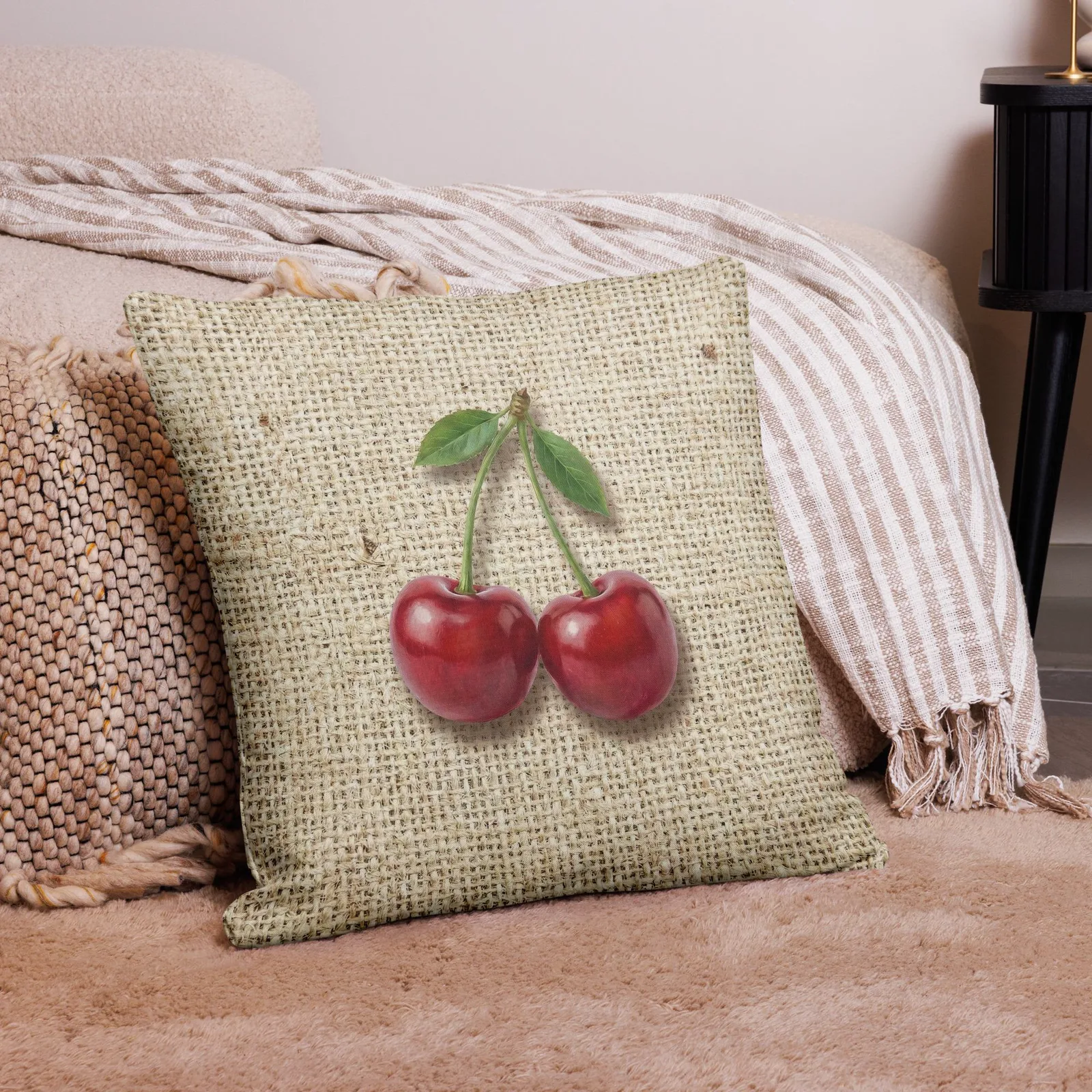 Cherry Throw Pillow: Farmhouse Burlap Fruit Decor Cushion, photo 10