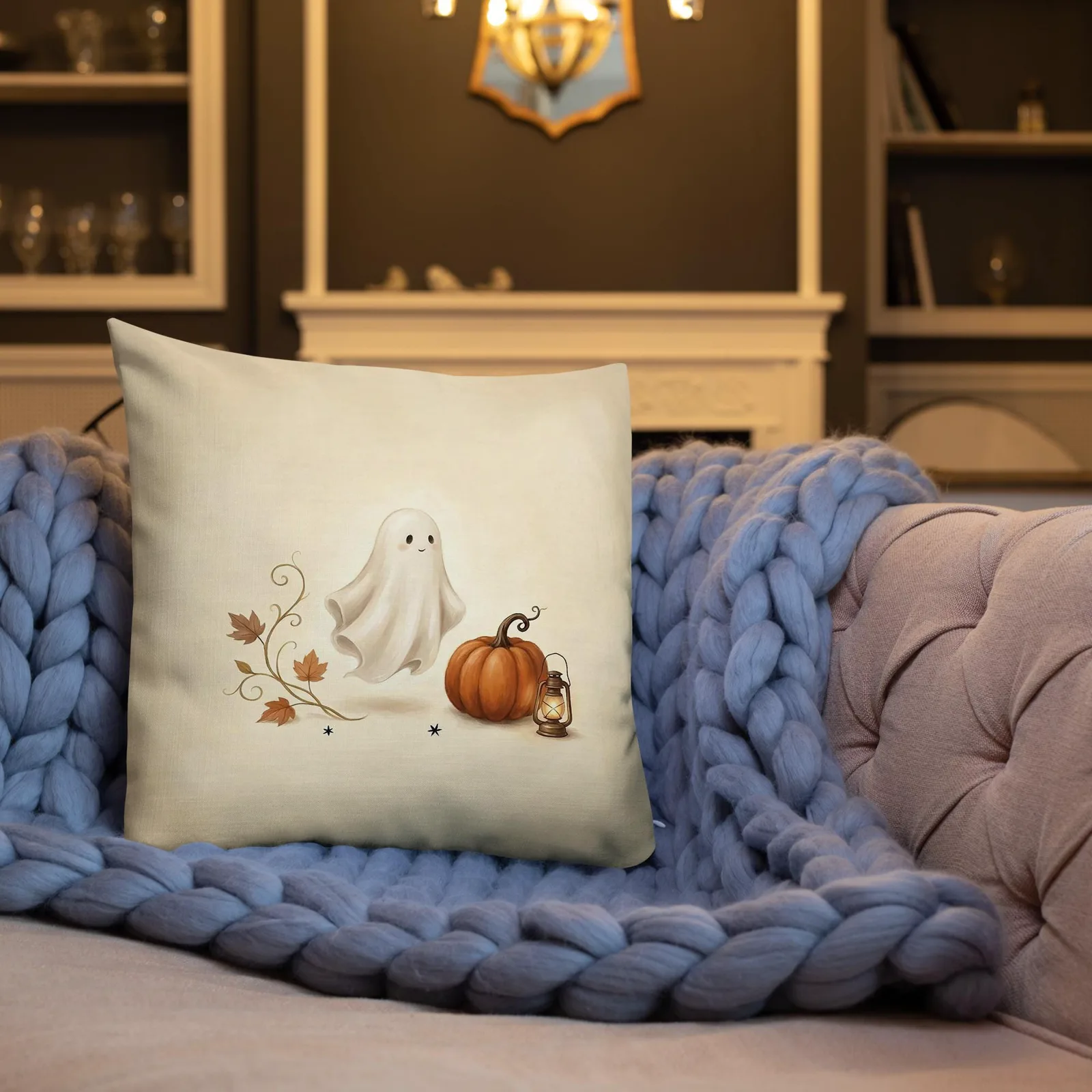Chic Halloween Ghost Pumpkin Lantern Pillow: Cream Fall Decor Cushion, photo 2