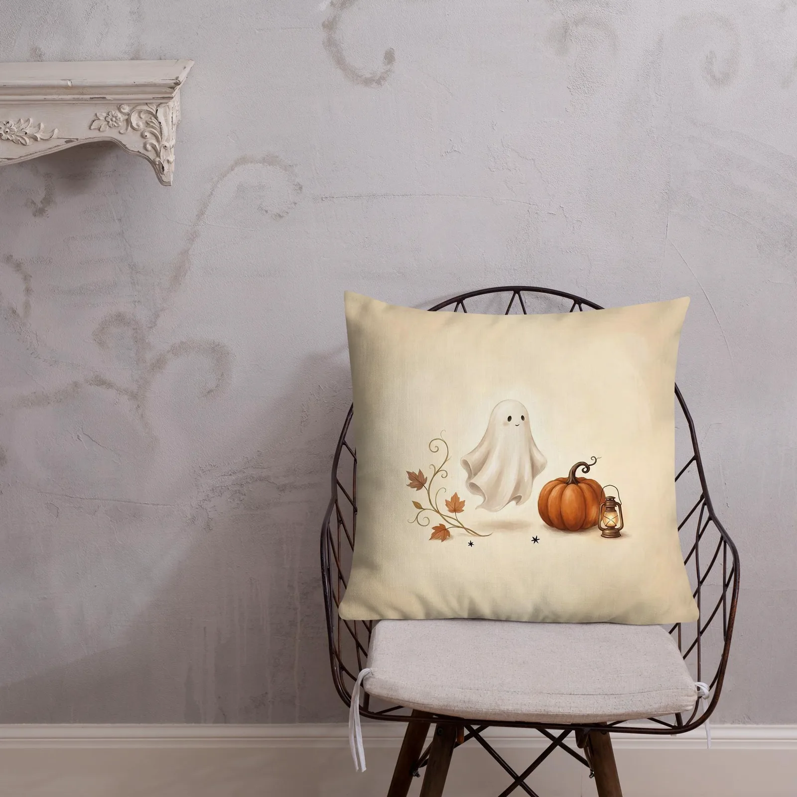 Chic Halloween Ghost Pumpkin Lantern Pillow: Cream Fall Decor Cushion, photo 5