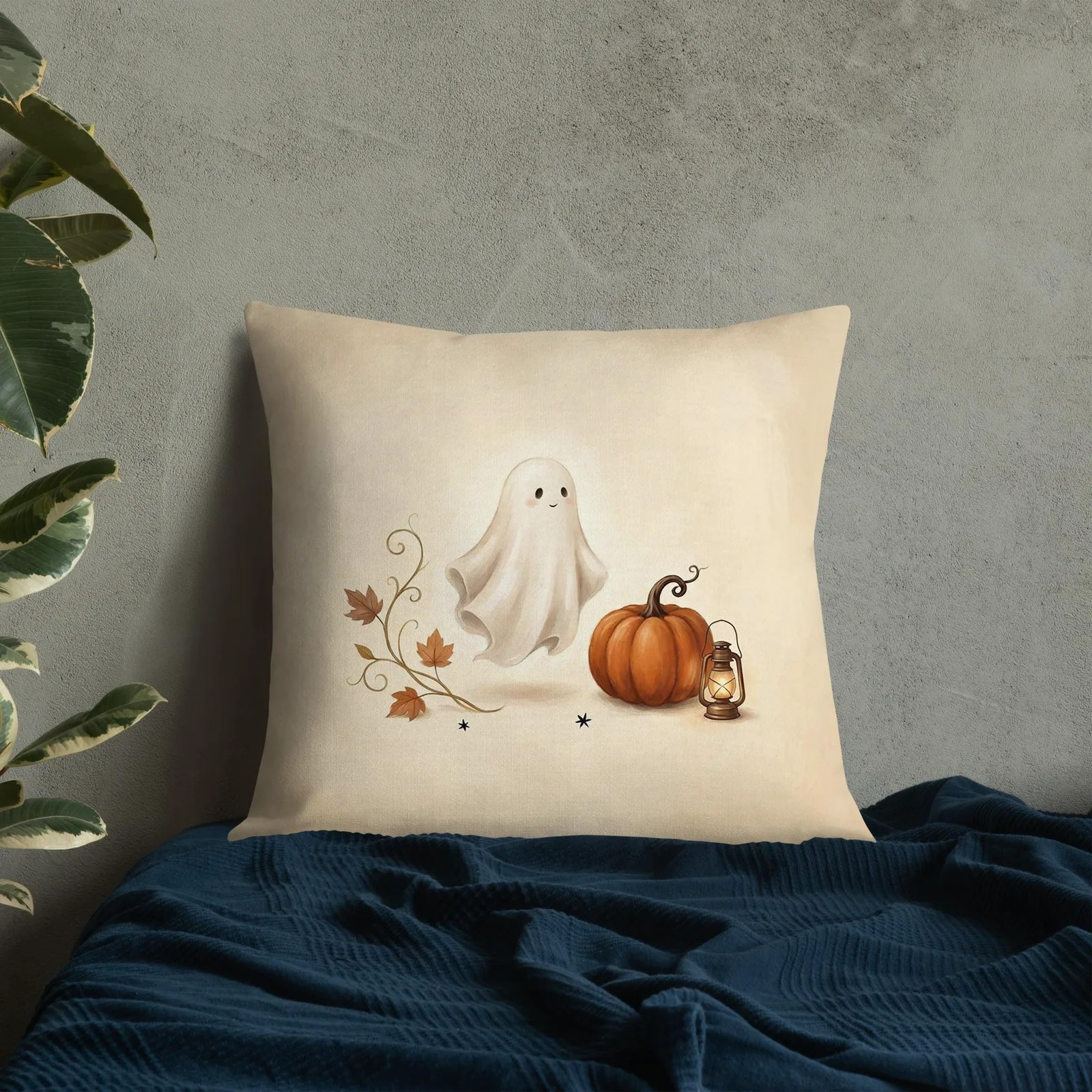 Chic Halloween Ghost Pumpkin Lantern Pillow: Cream Fall Decor Cushion, photo 7