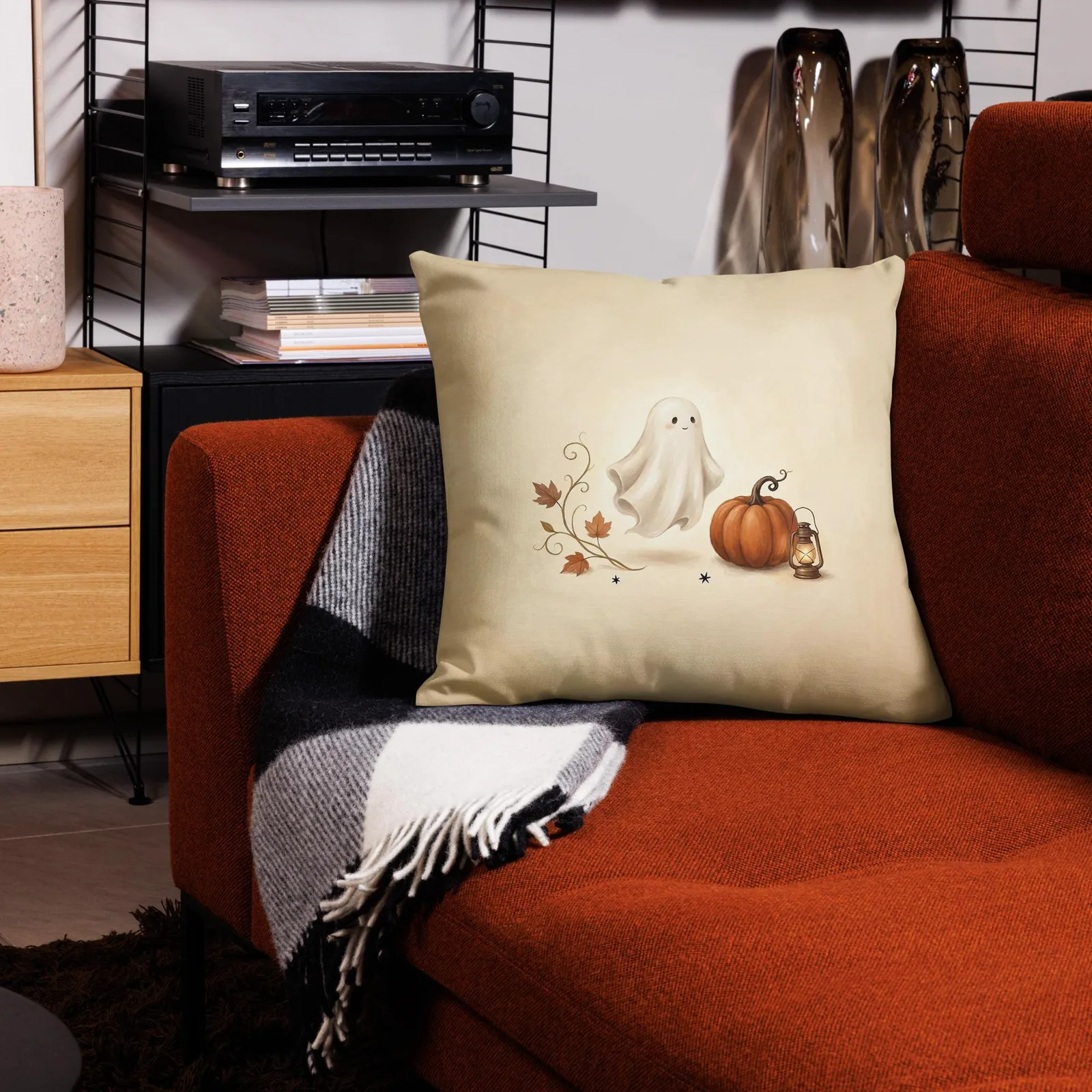 Chic Halloween Ghost Pumpkin Lantern Pillow: Cream Fall Decor Cushion, photo 9