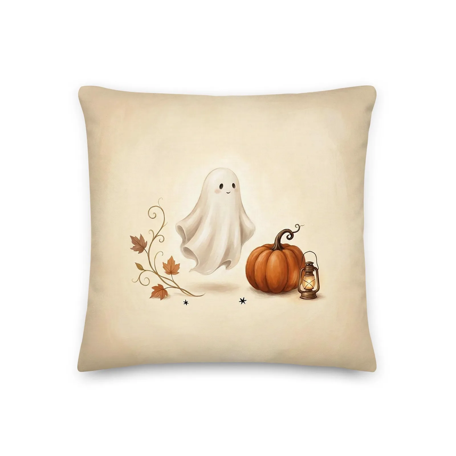 Chic Halloween Ghost Pumpkin Lantern Pillow: Cream Fall Decor Cushion