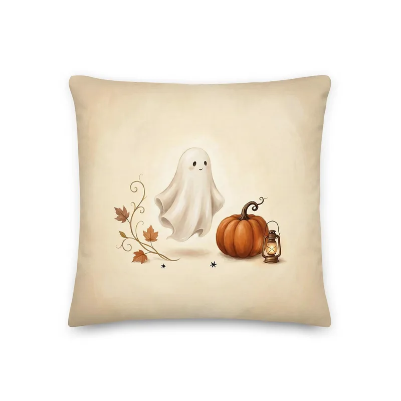 Chic Halloween Ghost Pumpkin Lantern Pillow: Cream Fall Decor Cushion