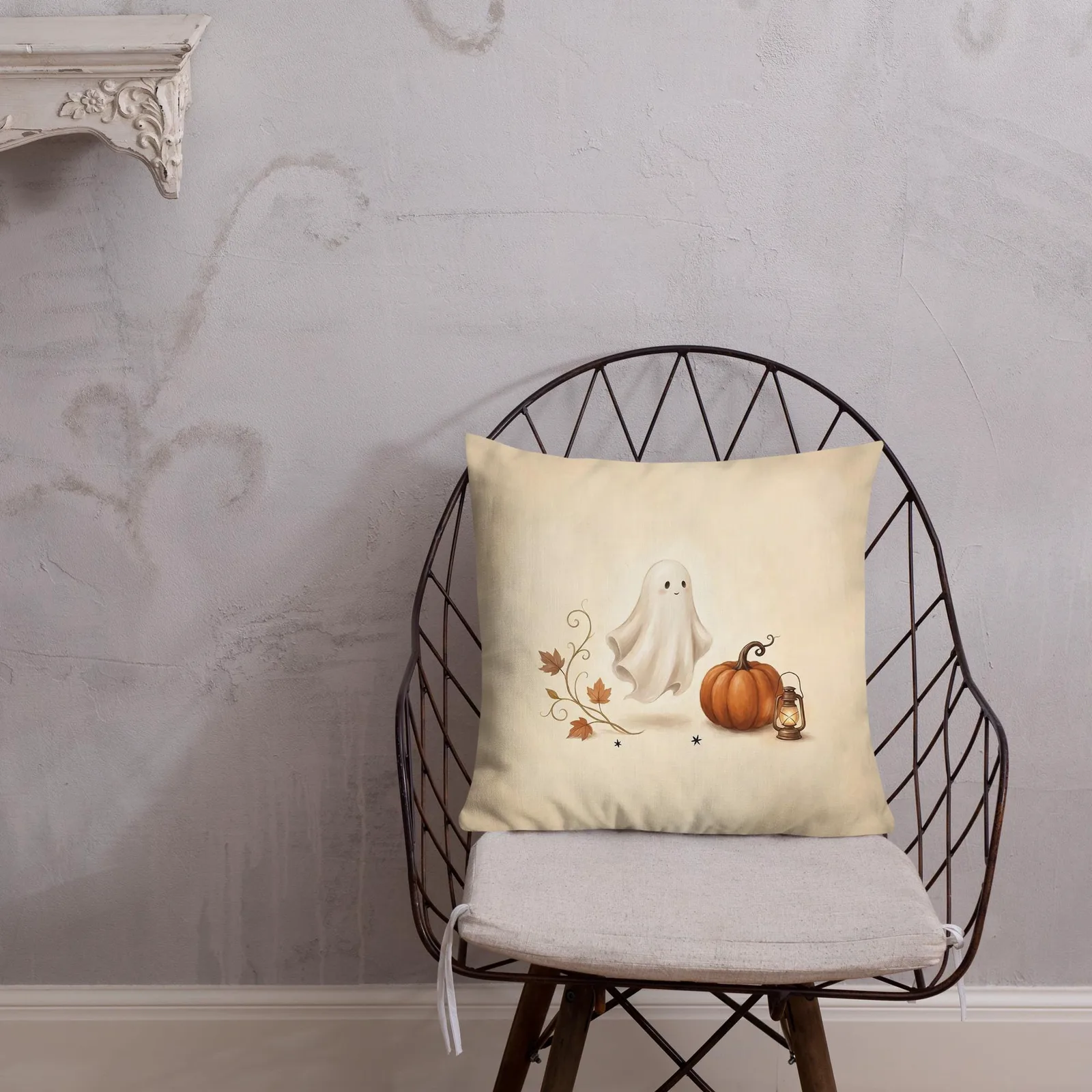Chic Halloween Ghost Pumpkin Lantern Pillow: Cream Fall Decor Cushion, photo 4