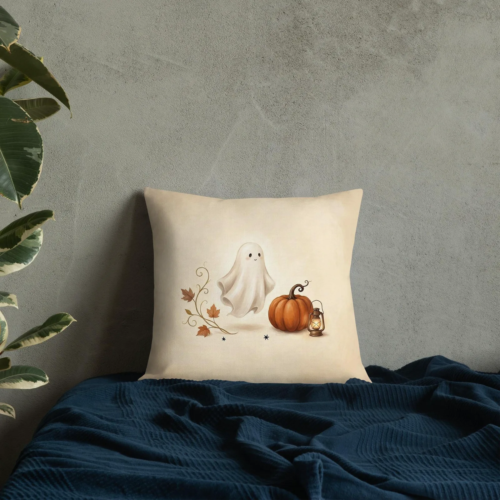 Chic Halloween Ghost Pumpkin Lantern Pillow: Cream Fall Decor Cushion, photo 6