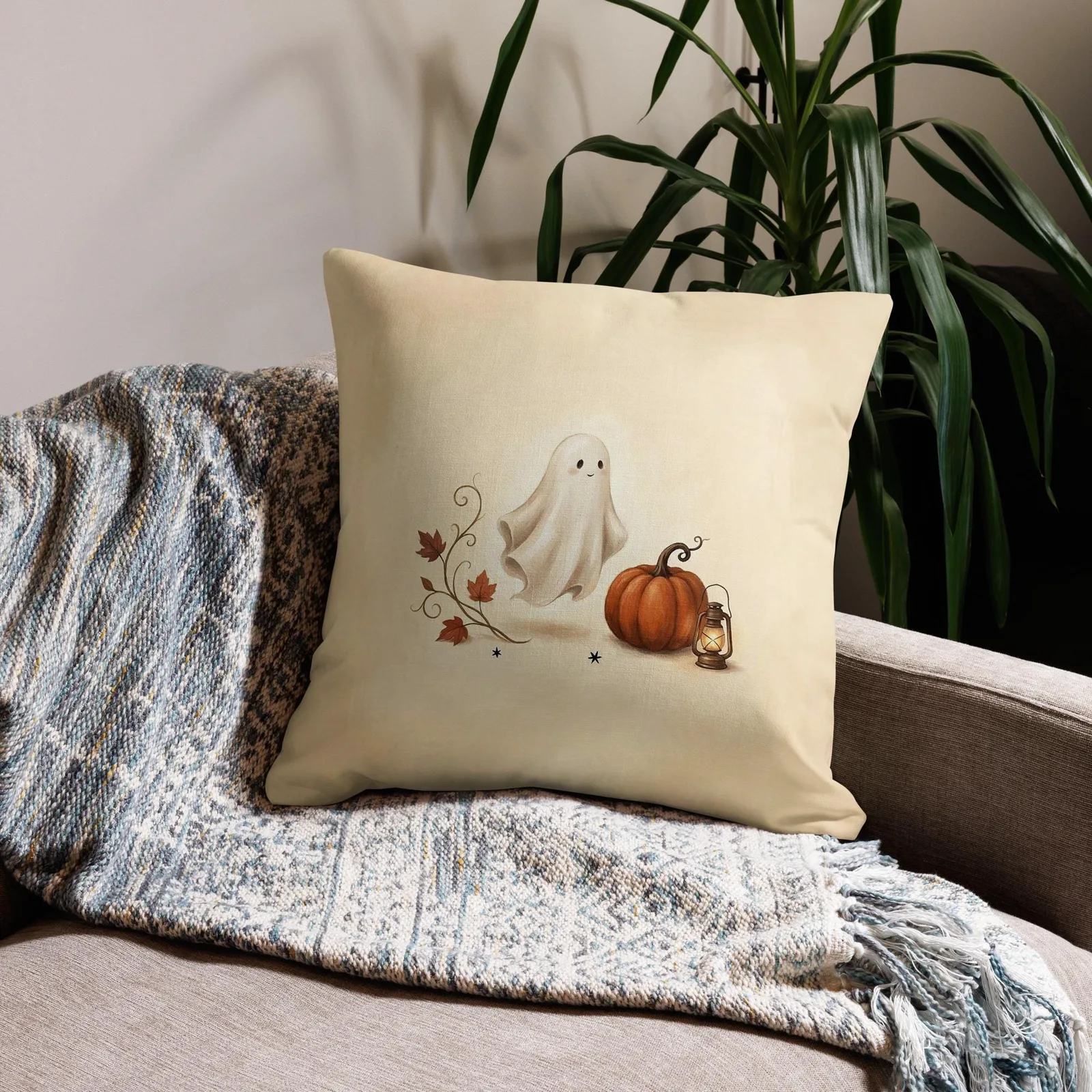 Chic Halloween Ghost Pumpkin Lantern Pillow: Cream Fall Decor Cushion, photo 10