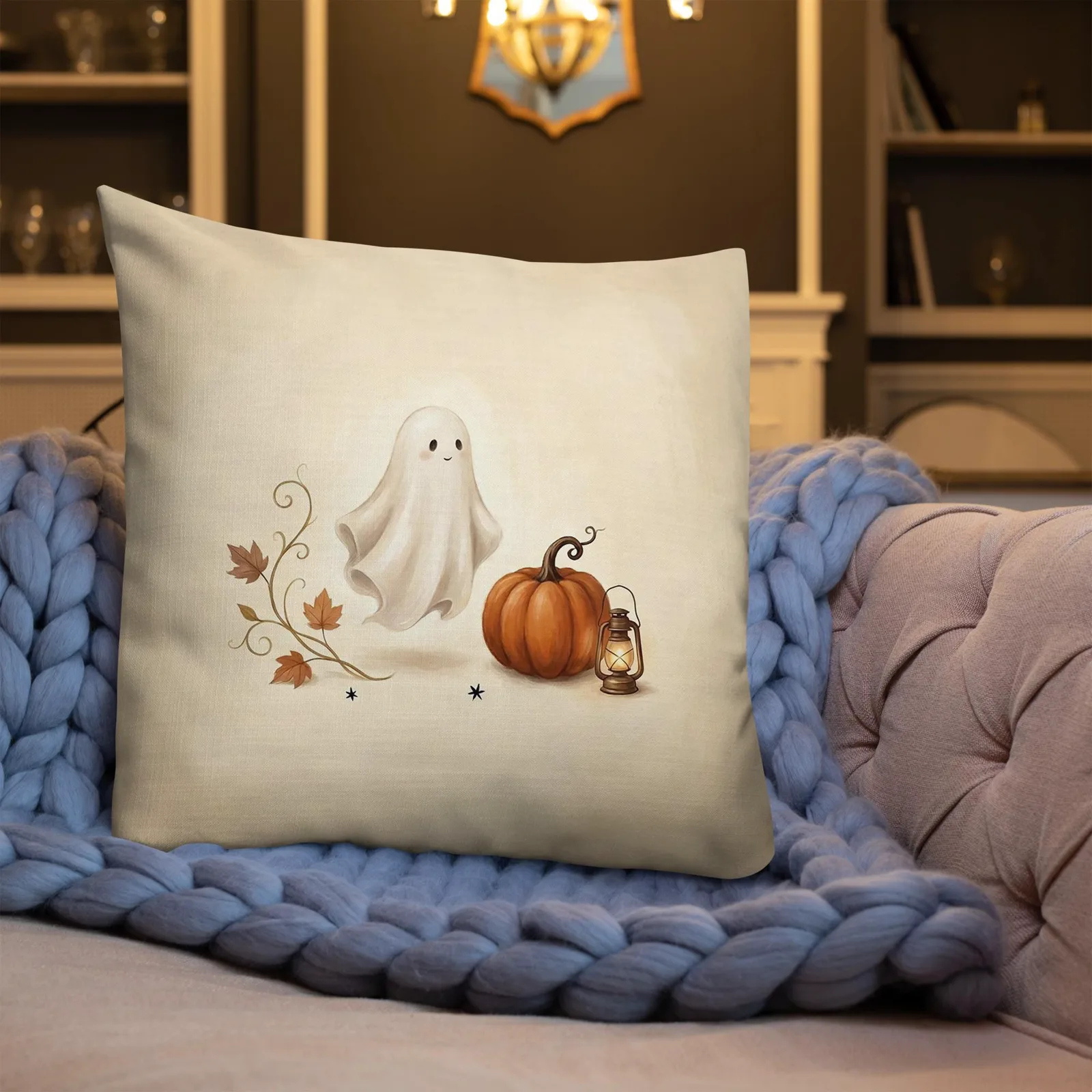 Chic Halloween Ghost Pumpkin Lantern Pillow: Cream Fall Decor Cushion, photo 3