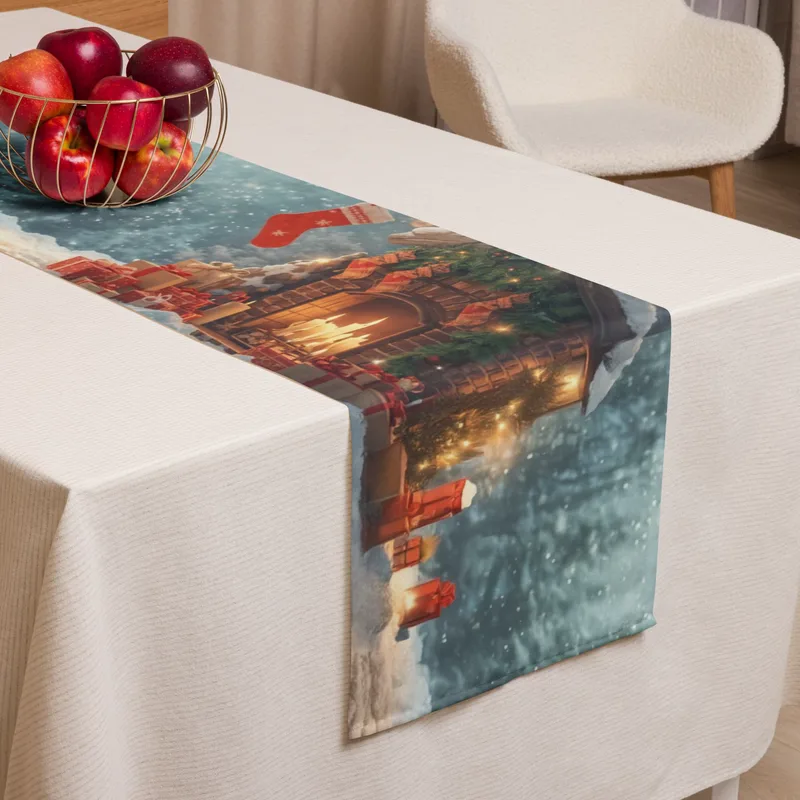 Christmas Table Runner: Cozy Holiday Fireplace & Gifts Decor