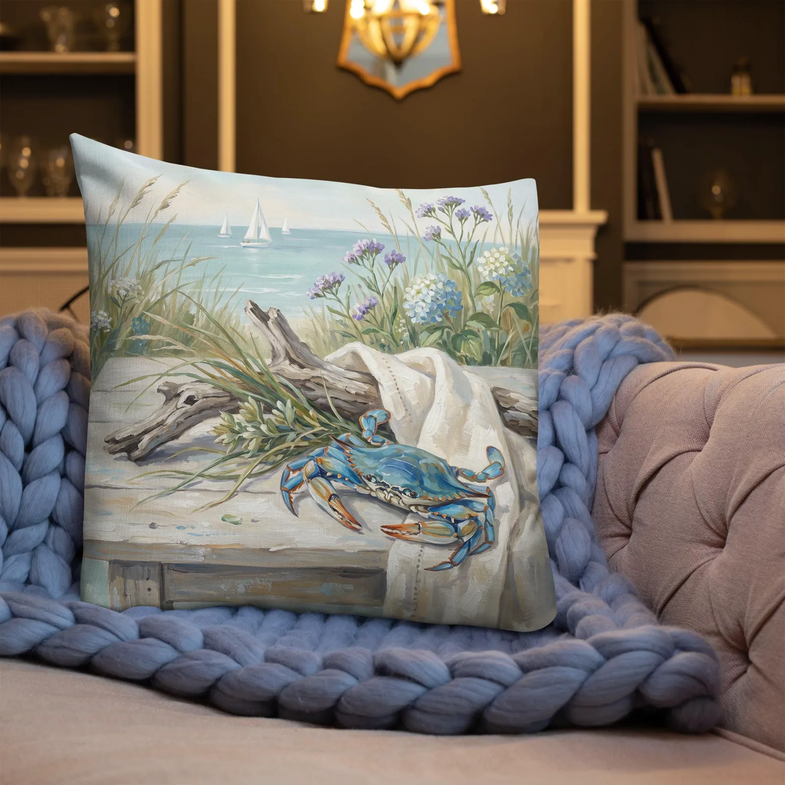 Coastal Blue Crab Throw Pillow: Blue Hydrangea Beach Decor Cushion, photo 7