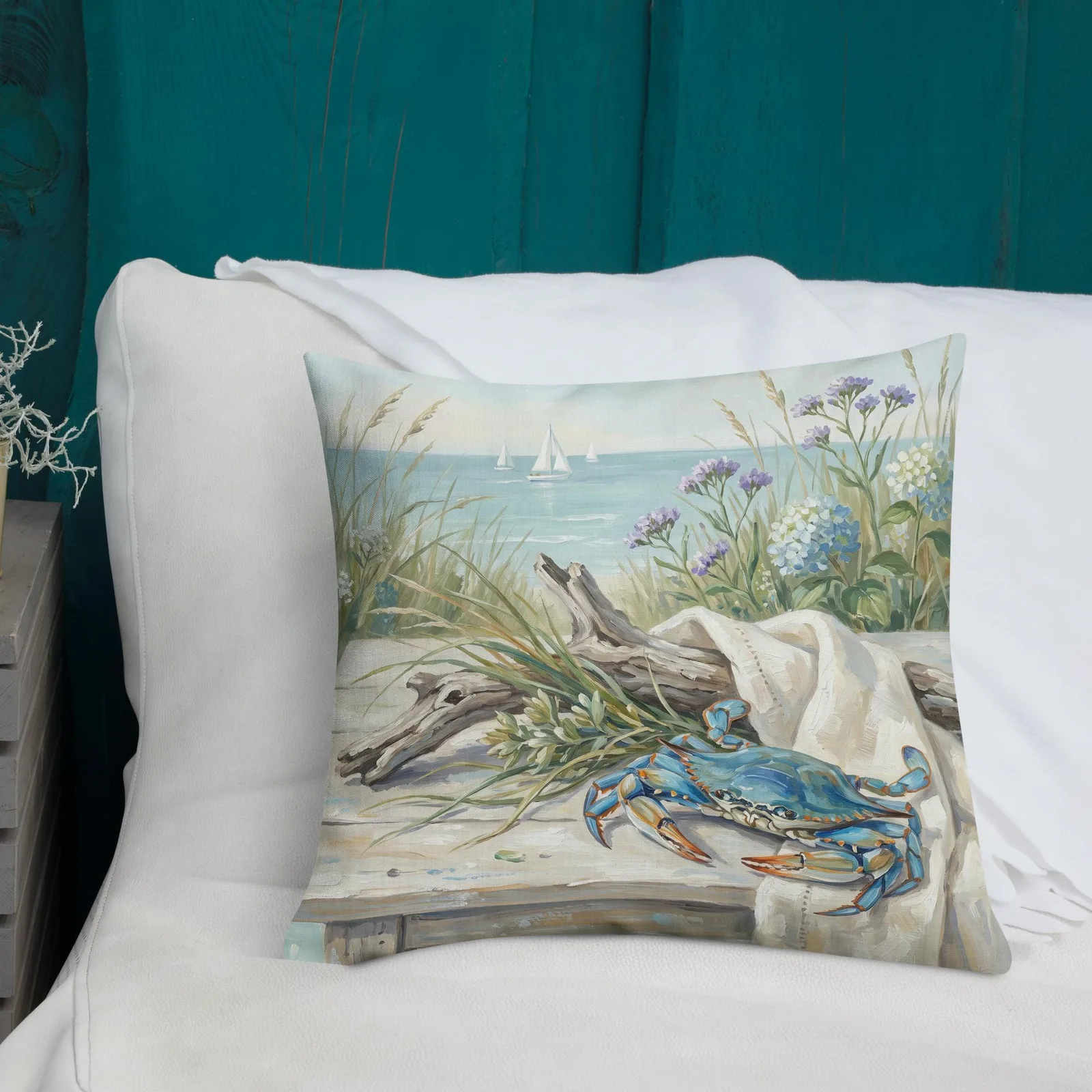 Coastal Blue Crab Throw Pillow: Blue Hydrangea Beach Decor Cushion, photo 2