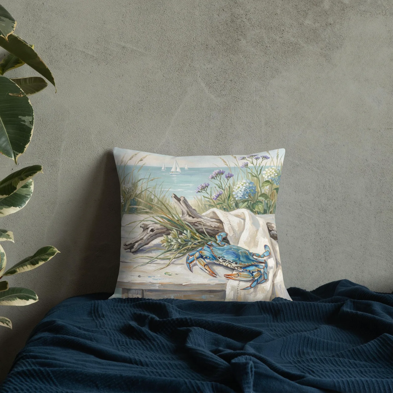 Coastal Blue Crab Throw Pillow: Blue Hydrangea Beach Decor Cushion, photo 8