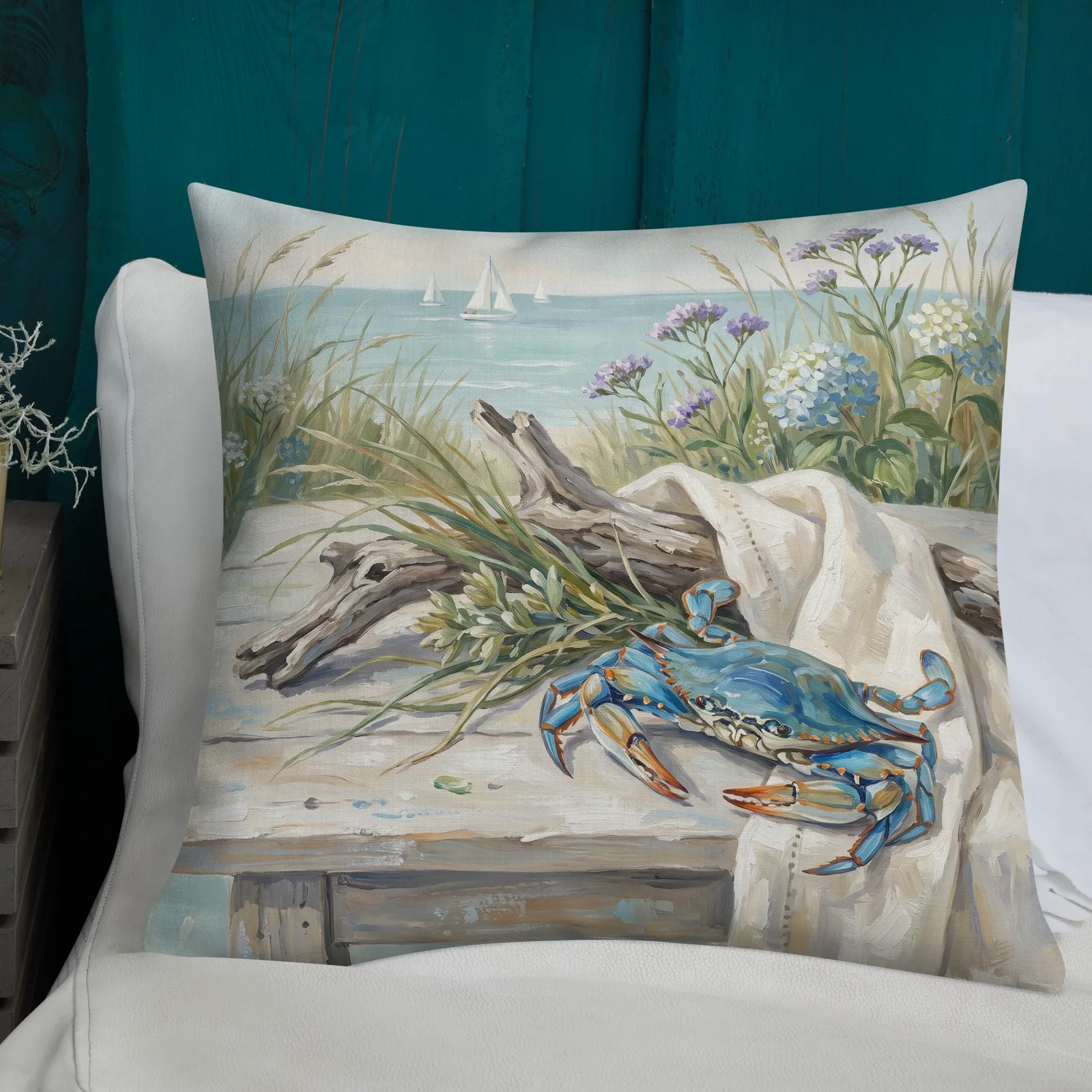 Coastal Blue Crab Throw Pillow: Blue Hydrangea Beach Decor Cushion, photo 3