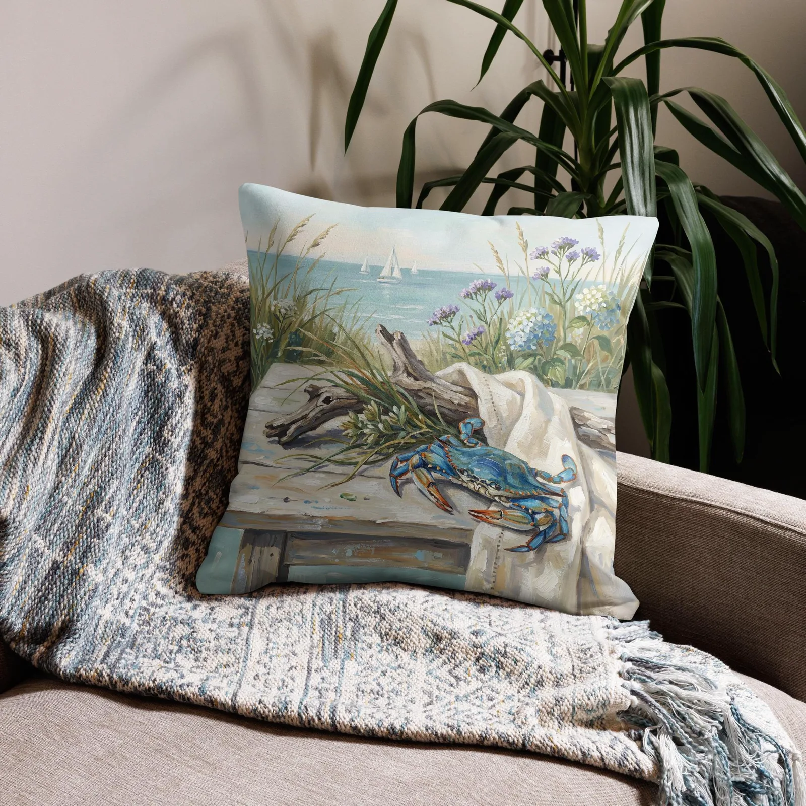 Coastal Blue Crab Throw Pillow: Blue Hydrangea Beach Decor Cushion, photo 10