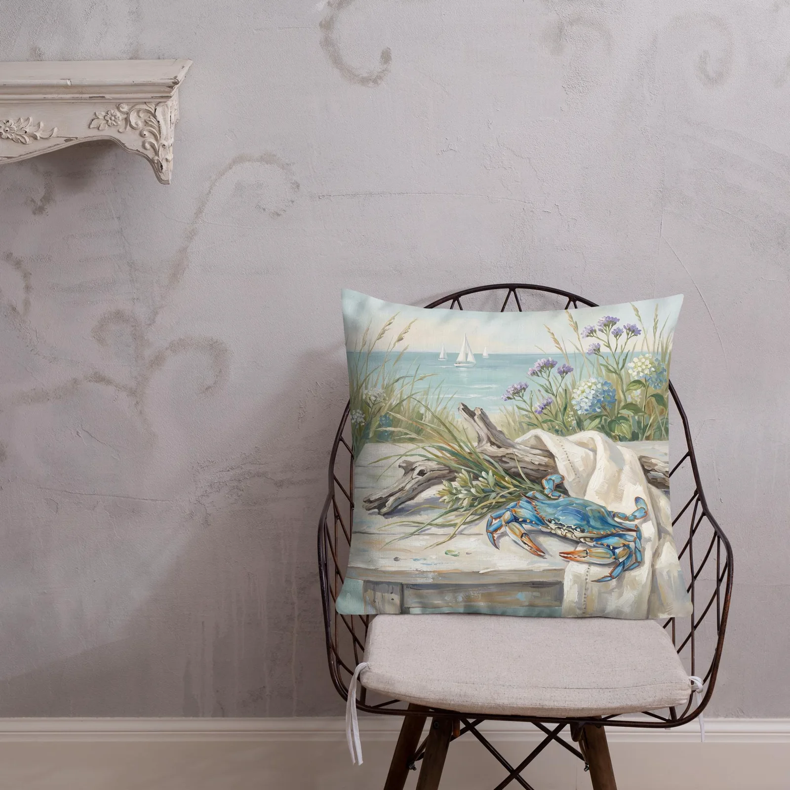 Coastal Blue Crab Throw Pillow: Blue Hydrangea Beach Decor Cushion, photo 5