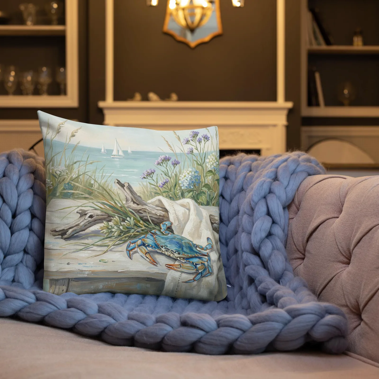 Coastal Blue Crab Throw Pillow: Blue Hydrangea Beach Decor Cushion, photo 6