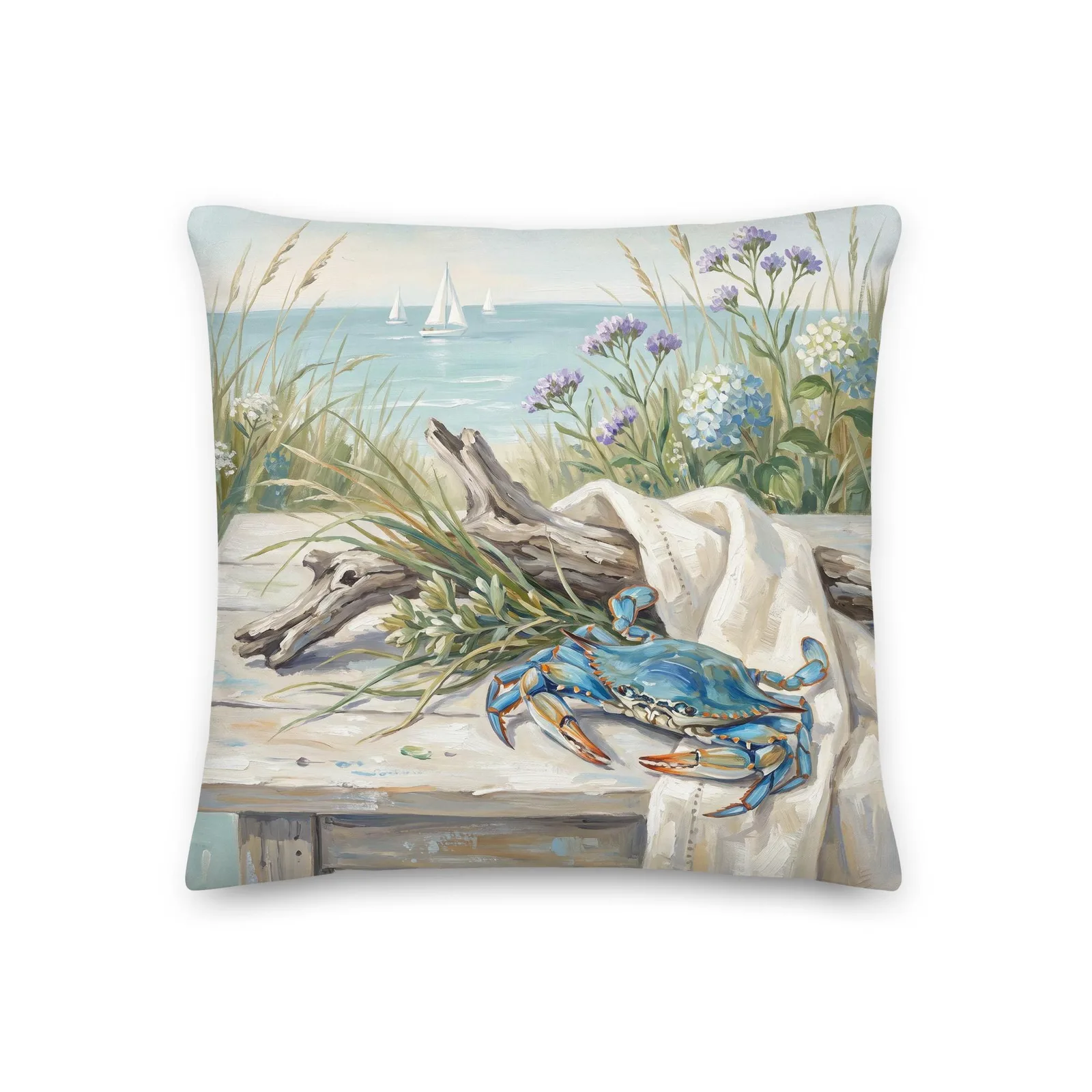 Coastal Blue Crab Throw Pillow: Blue Hydrangea Beach Decor Cushion