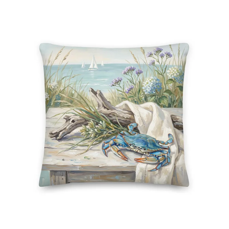 Coastal Blue Crab Throw Pillow: Blue Hydrangea Beach Decor Cushion