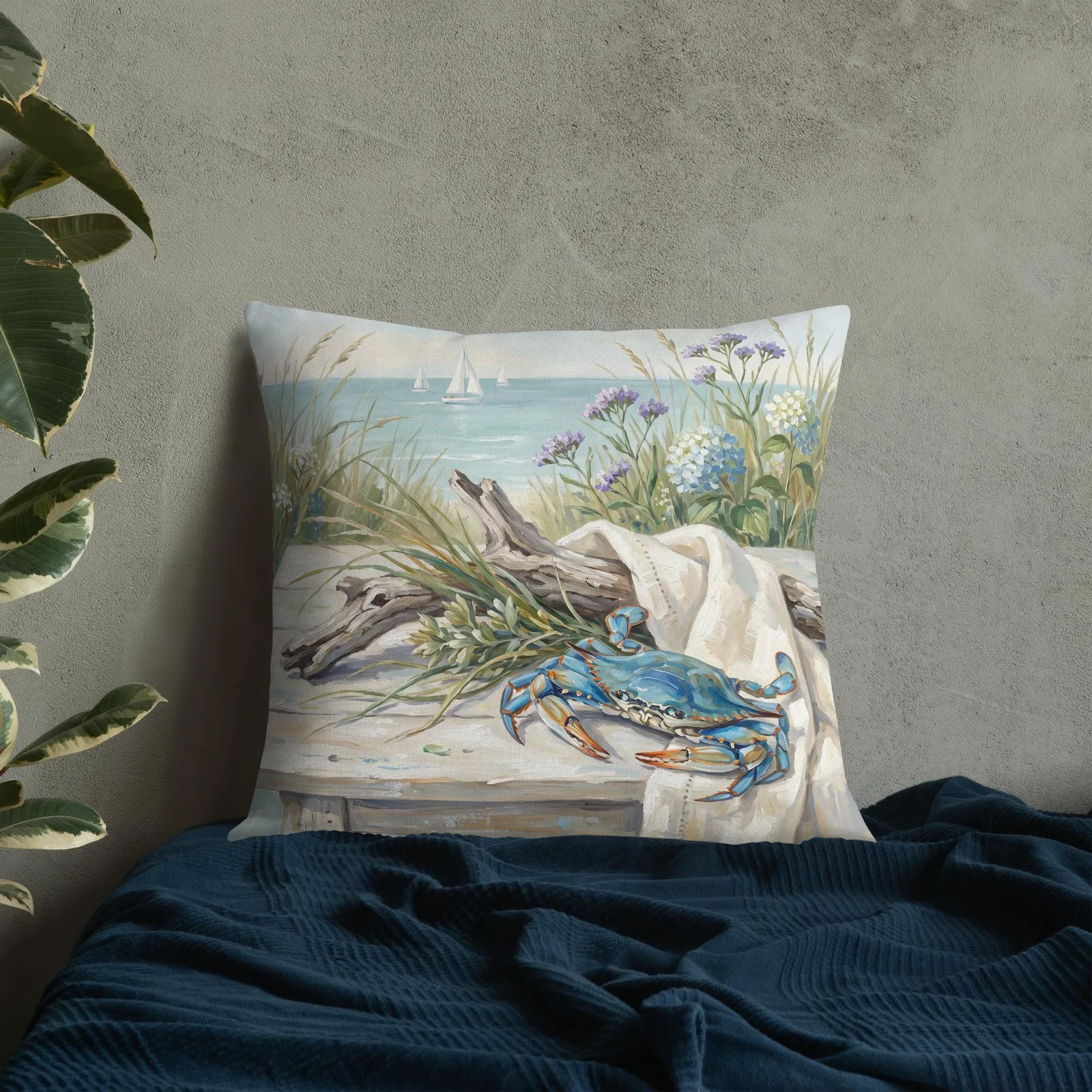 Coastal Blue Crab Throw Pillow: Blue Hydrangea Beach Decor Cushion, photo 9