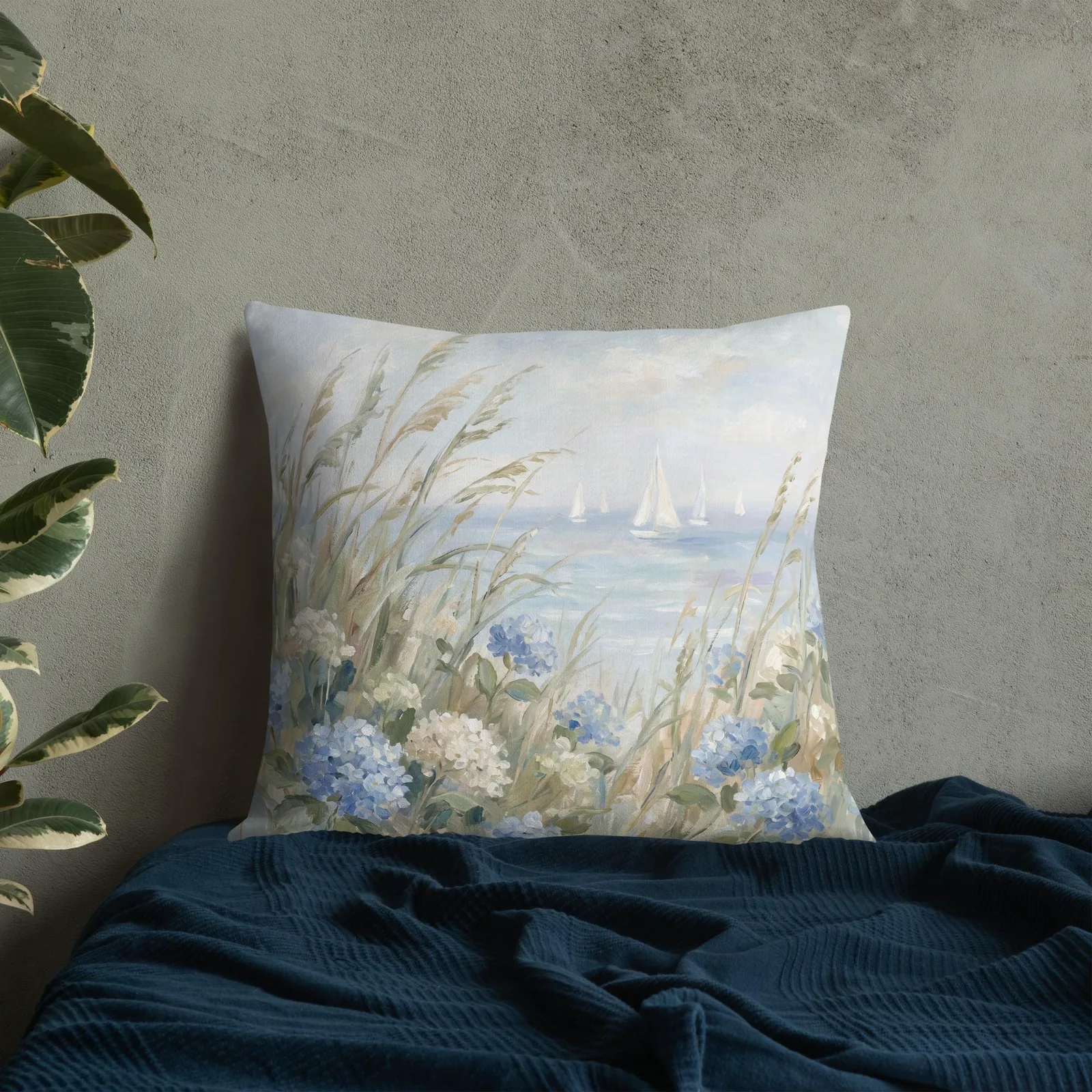 Coastal Blue Hydrangea throw pillow :Sailboat Beach Cushion, photo 7